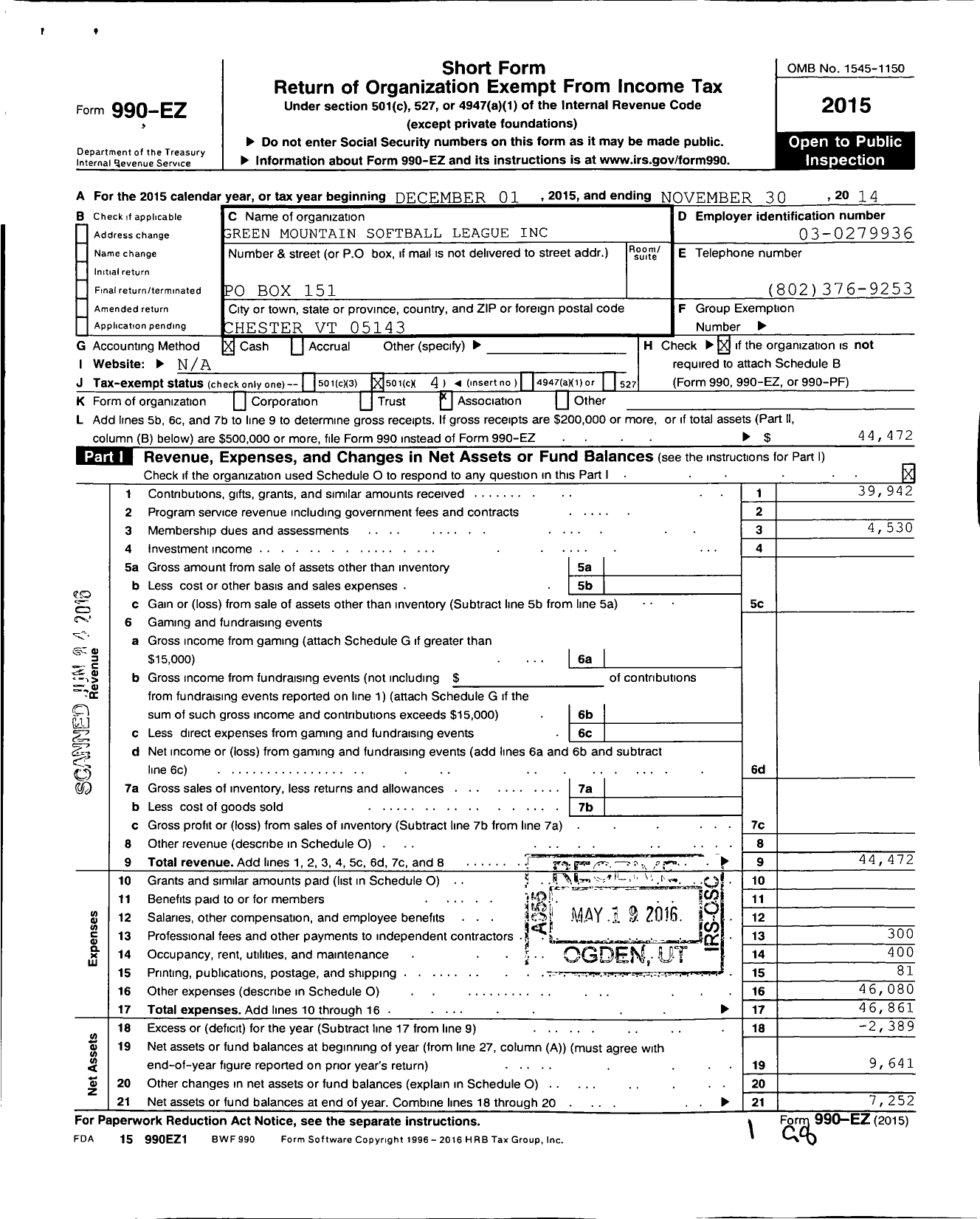 Image of first page of 2013 Form 990EO for Green Mountain Softball League