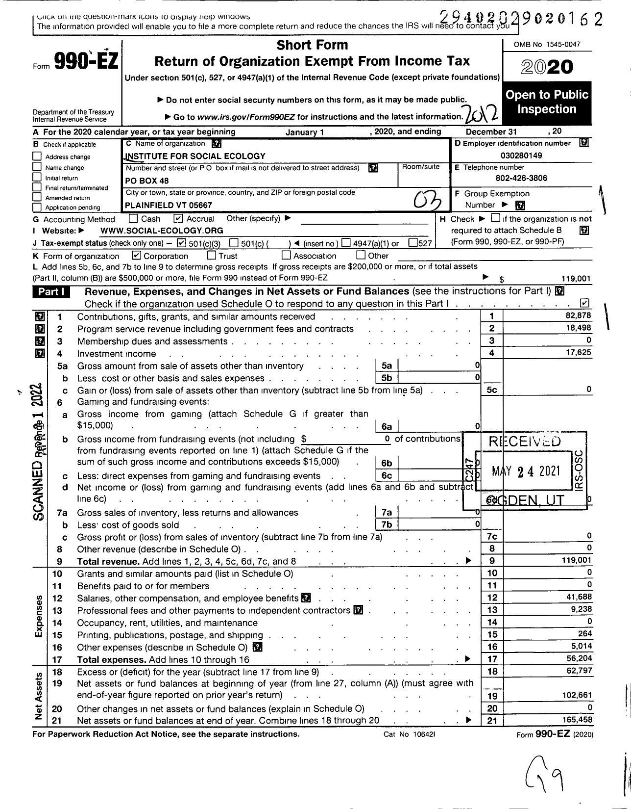 Image of first page of 2020 Form 990EZ for Institute for Social Ecology