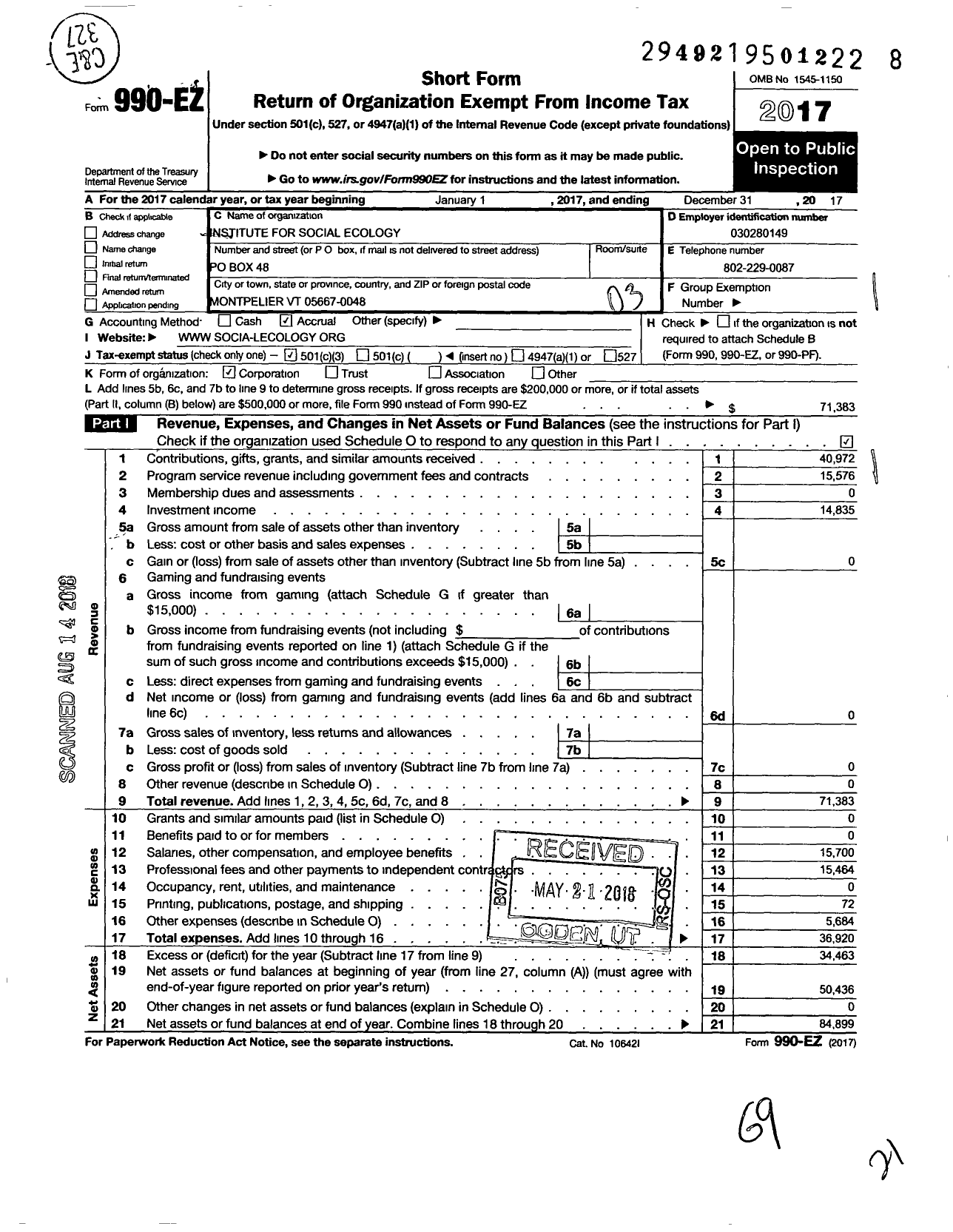 Image of first page of 2017 Form 990EZ for Institute for Social Ecology