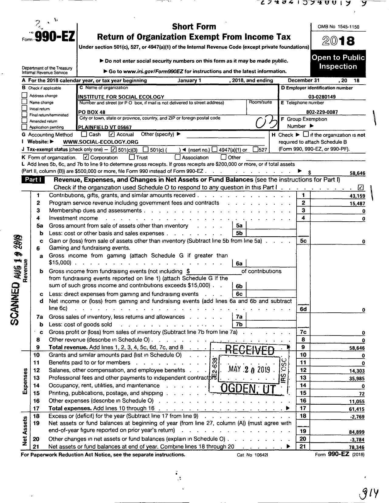 Image of first page of 2018 Form 990EZ for Institute for Social Ecology