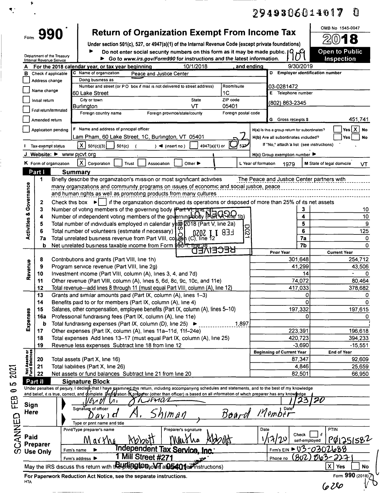 Image of first page of 2018 Form 990 for Peace and Justice Center