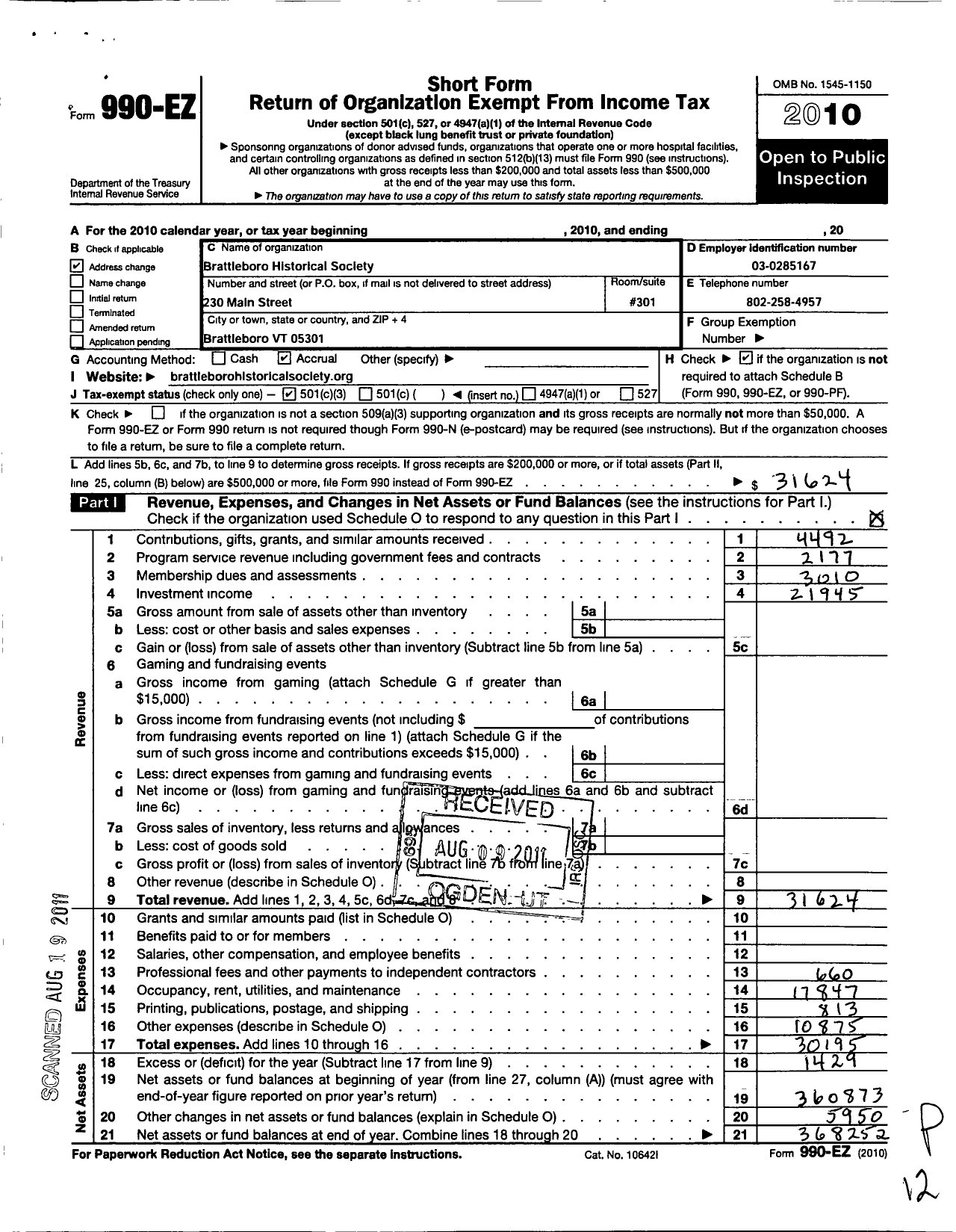 Image of first page of 2010 Form 990EZ for Brattleboro Historical Society