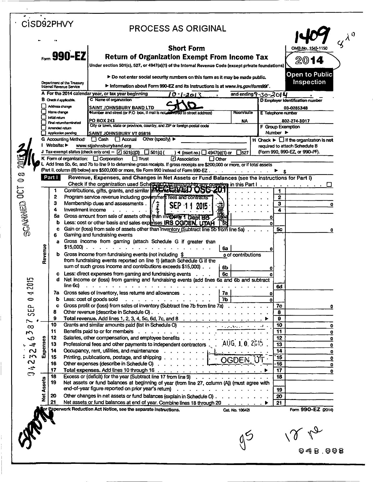 Image of first page of 2013 Form 990EZ for St Johnsbury Band