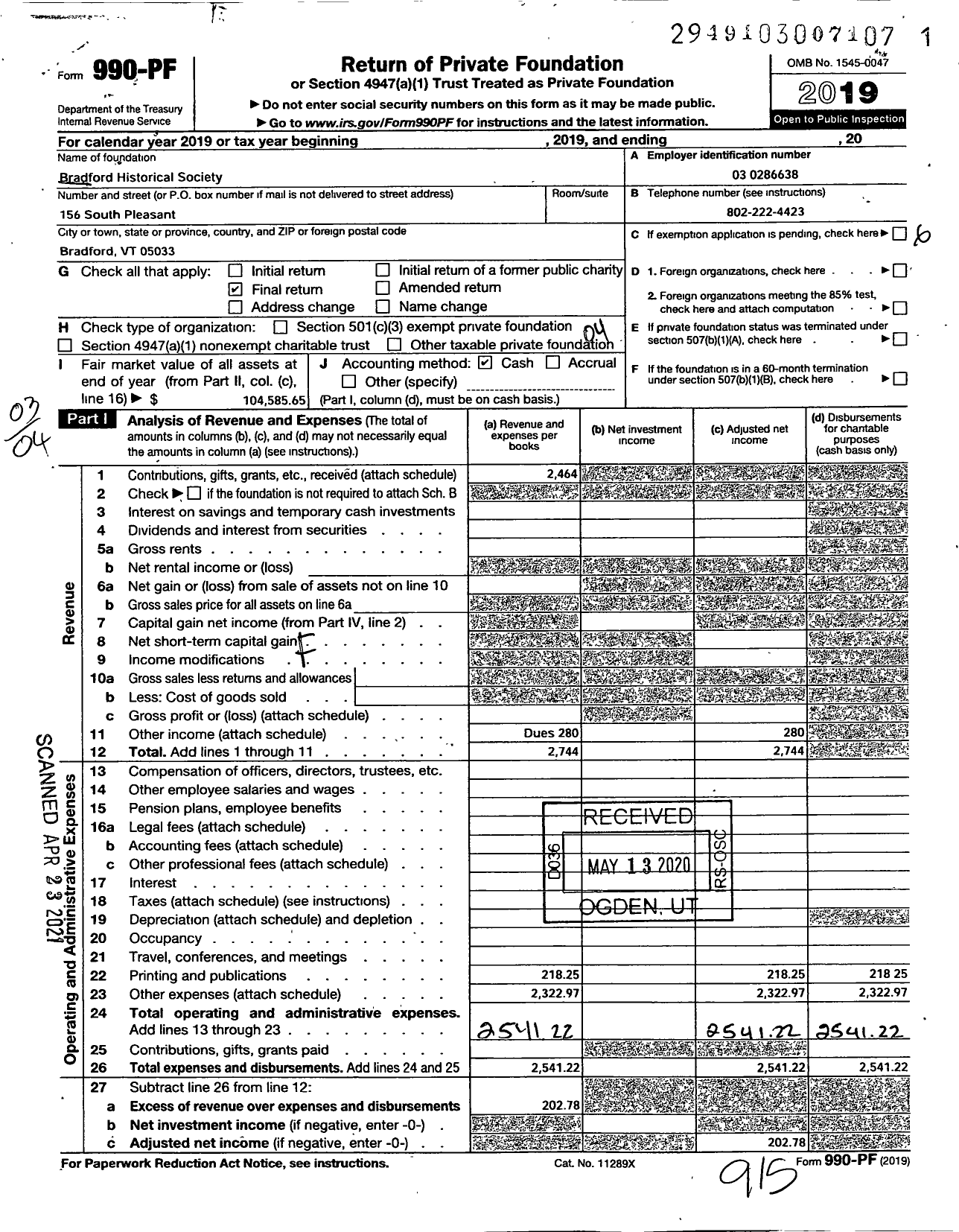 Image of first page of 2019 Form 990PF for Bradford Historical Society