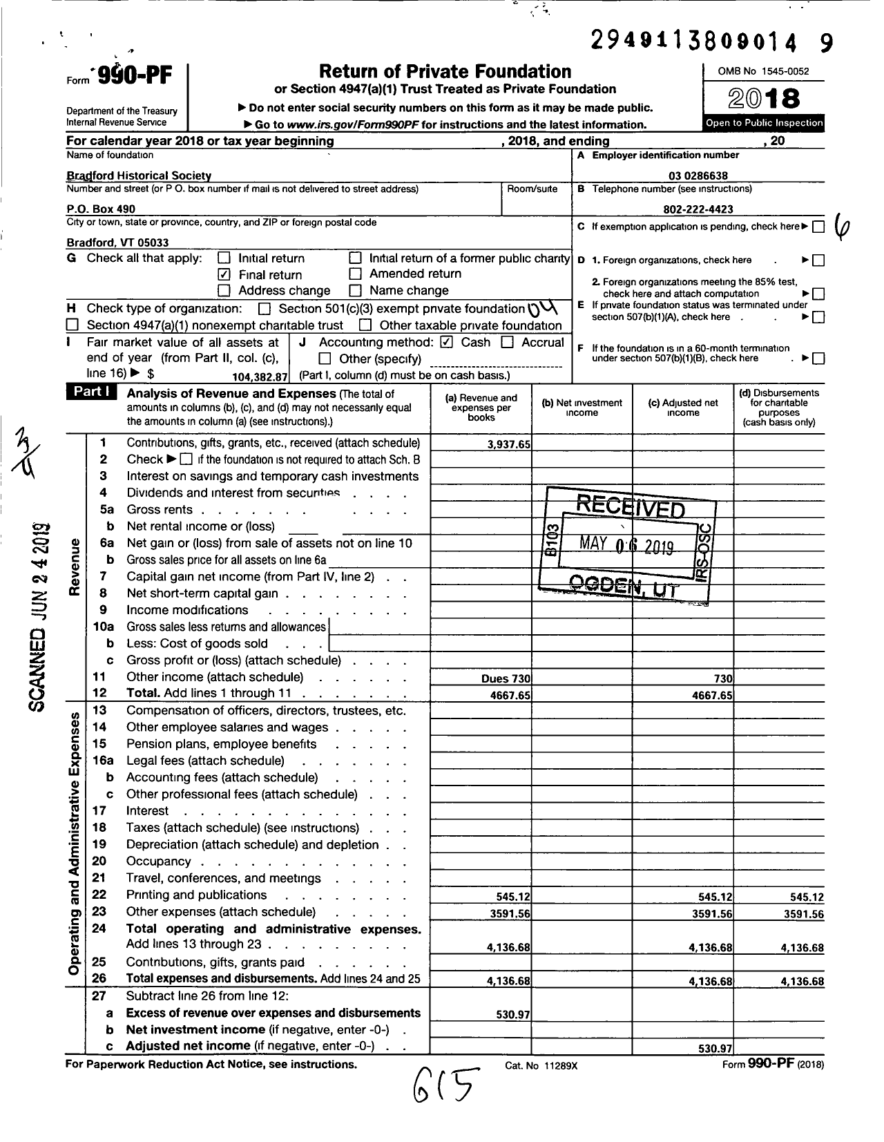 Image of first page of 2018 Form 990PF for Bradford Historical Society