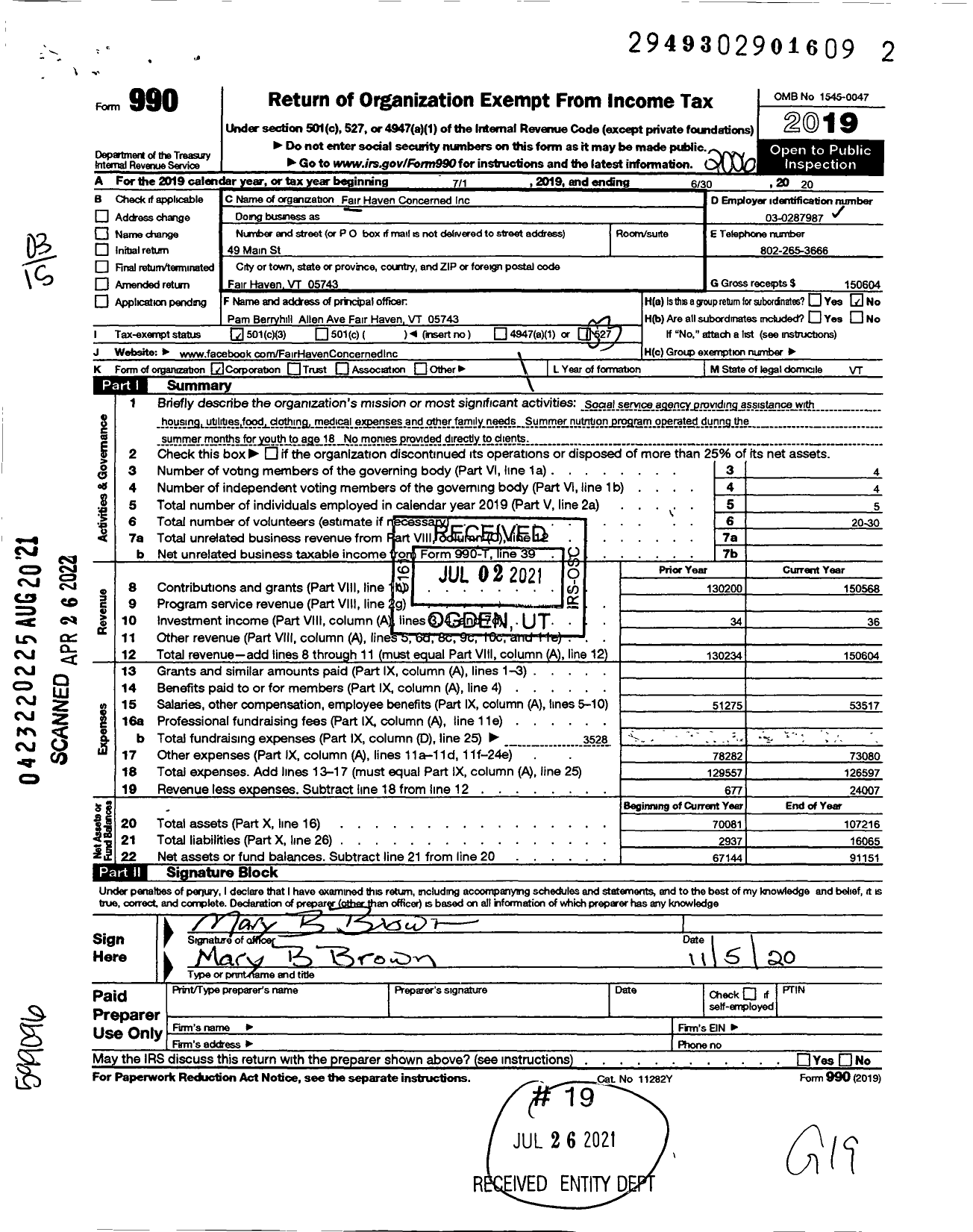 Image of first page of 2019 Form 990 for Slate Valley Cares