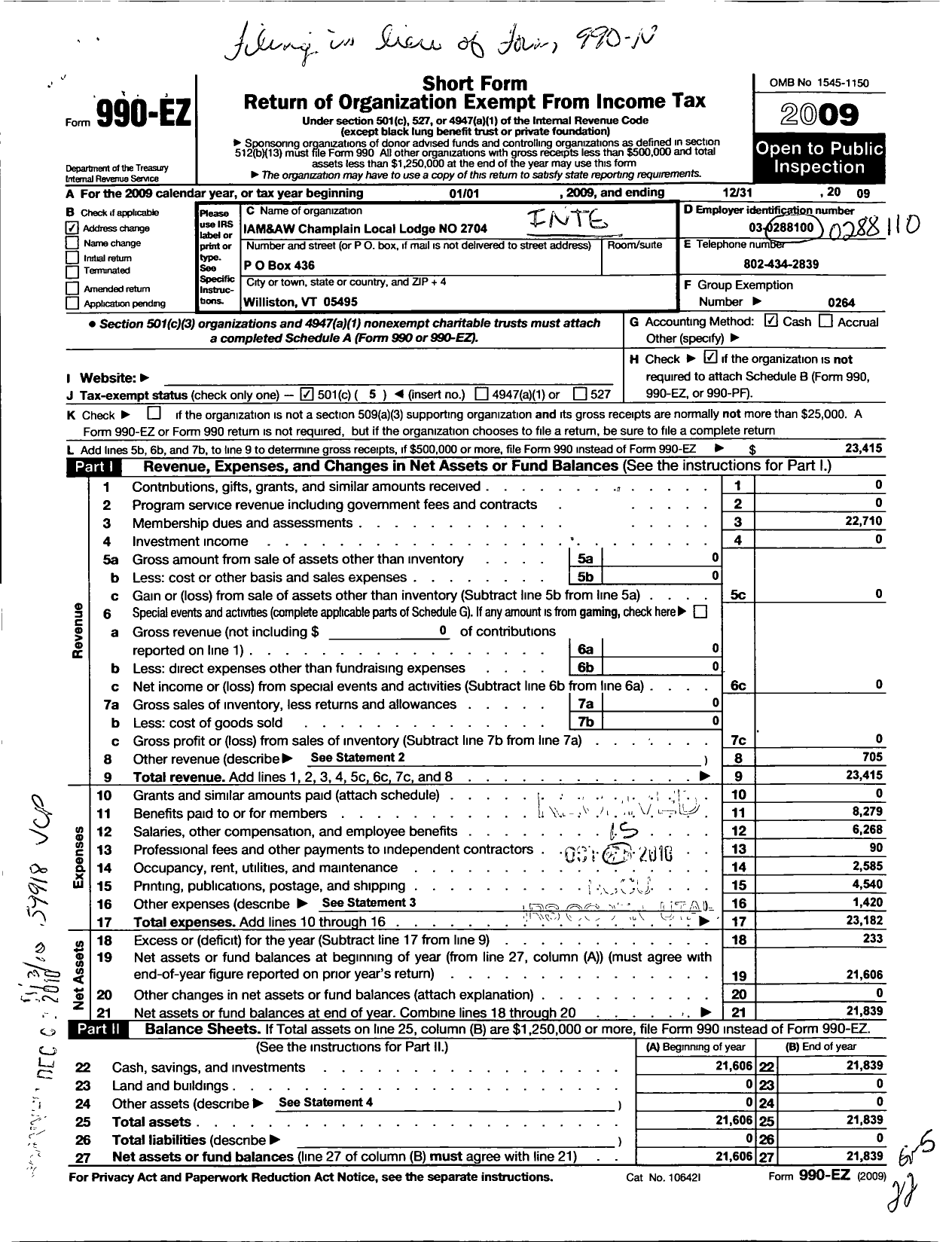 Image of first page of 2009 Form 990EO for International Association of Machinists and Aerospace Workers - 2704 Local Lodge