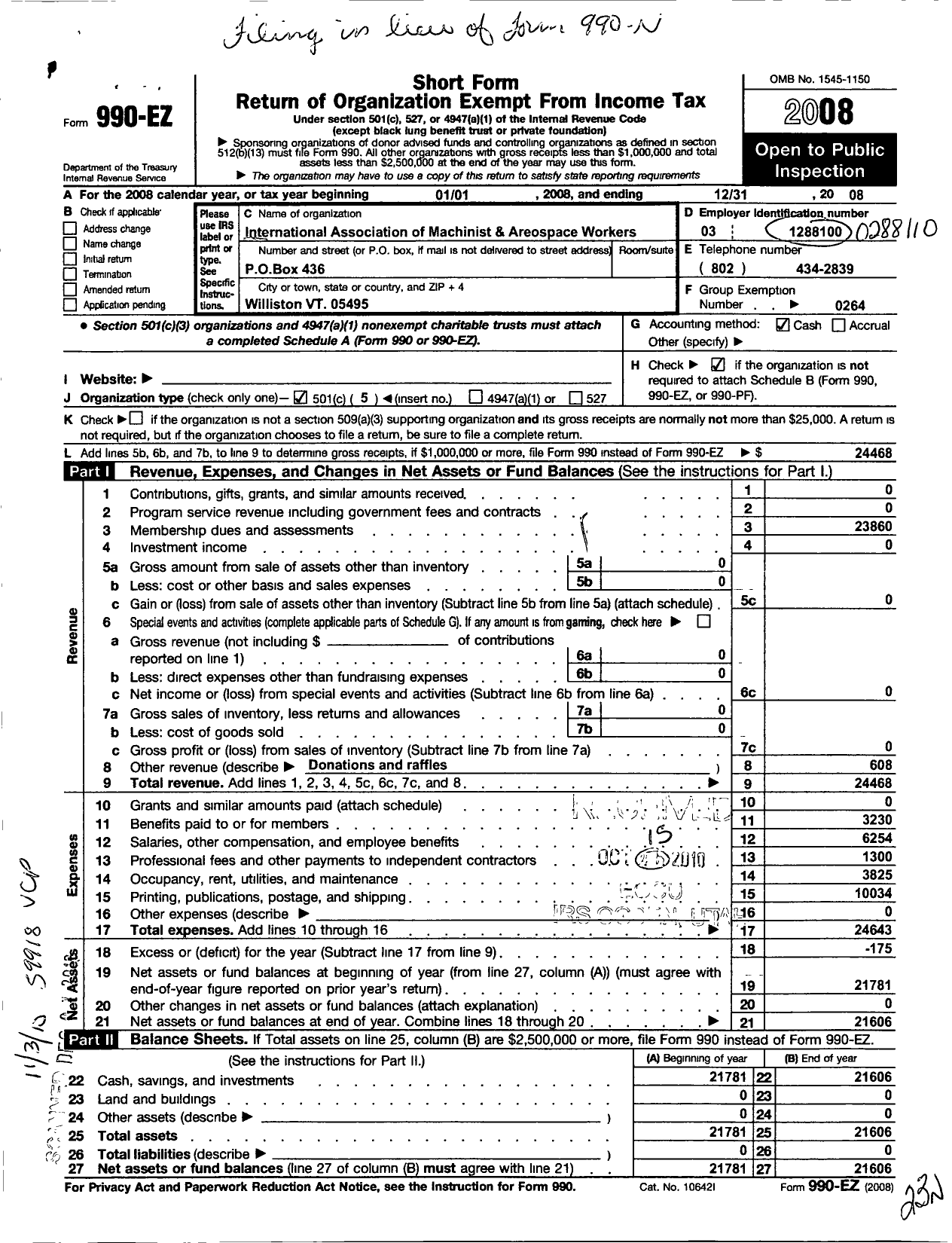Image of first page of 2008 Form 990EO for International Association of Machinists and Aerospace Workers - 2704 Local Lodge