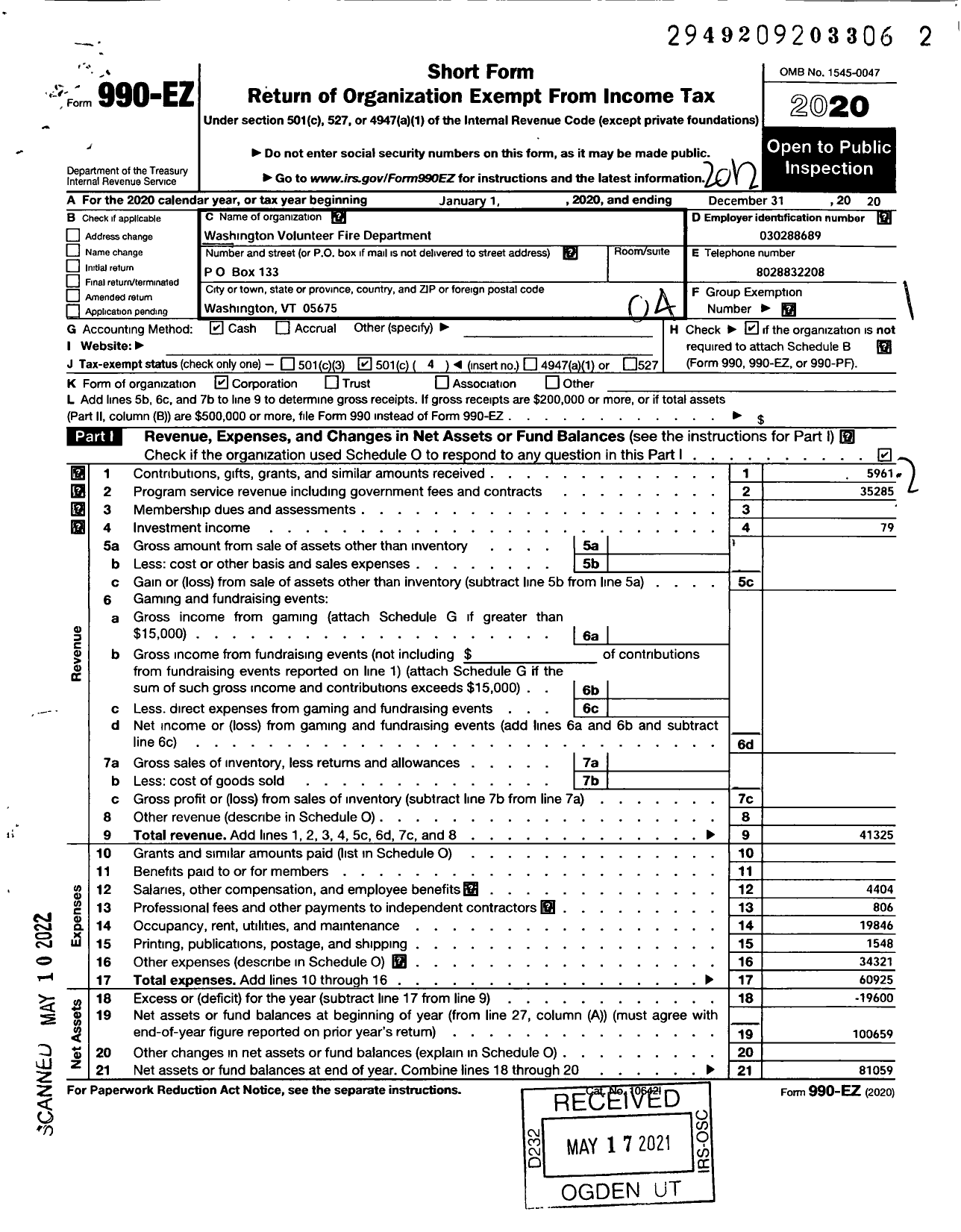 Image of first page of 2020 Form 990EO for Washington Volunteer Fire Dept