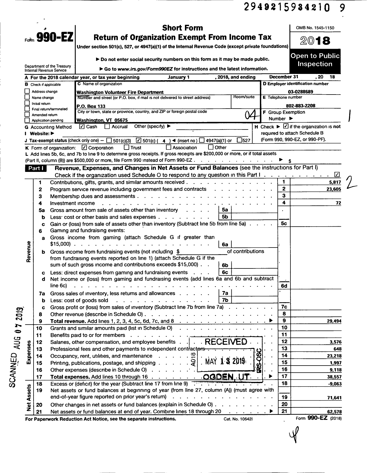 Image of first page of 2018 Form 990EO for Washington Volunteer Fire Dept