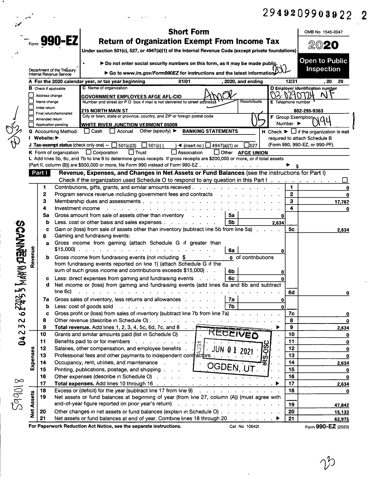 Image of first page of 2020 Form 990EO for American Federation of Government Employees - 2604 Afge-Va Local