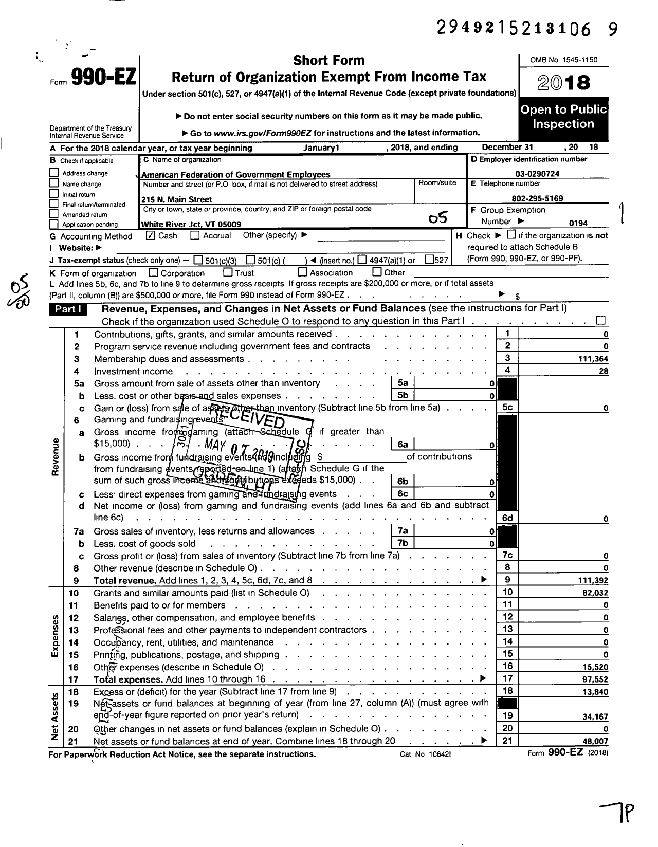 Image of first page of 2018 Form 990EO for American Federation of Government Employees - 2604 Afge-Va Local