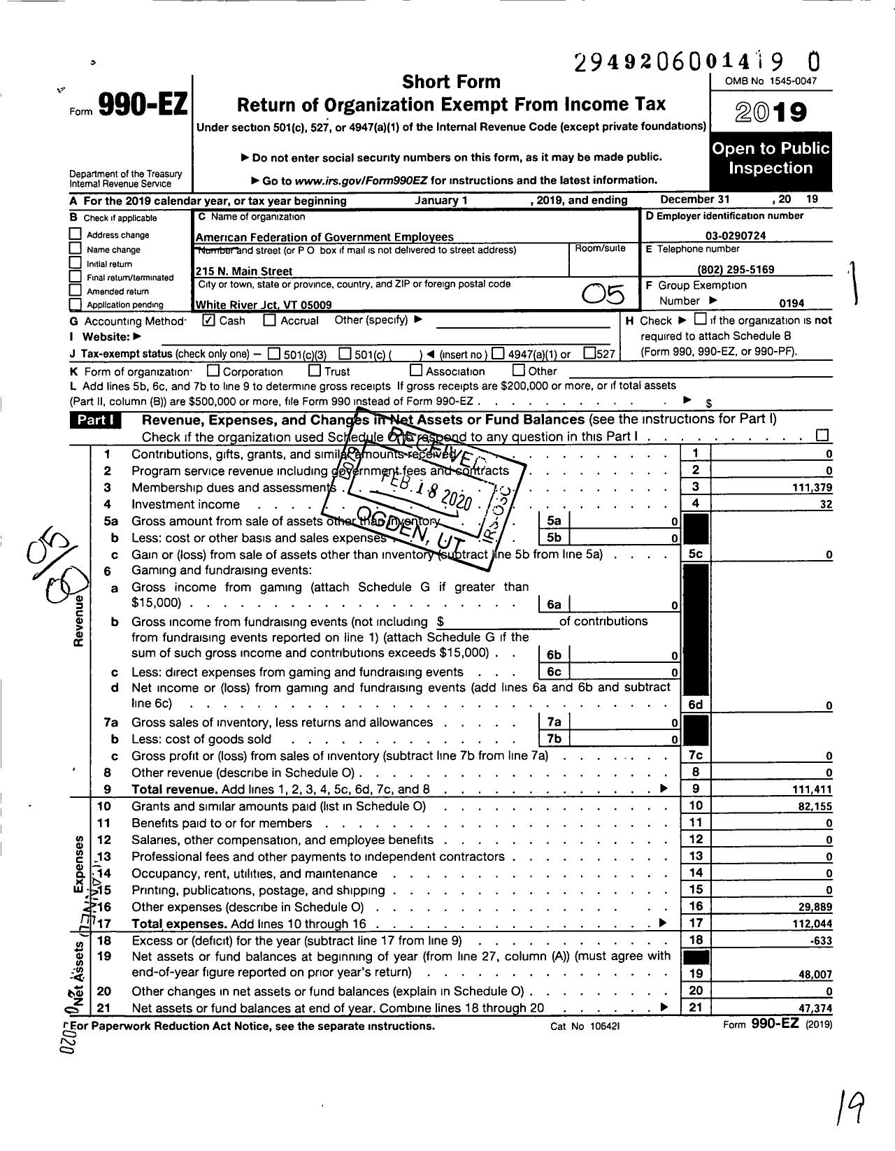 Image of first page of 2019 Form 990EO for American Federation of Government Employees - 2604 Afge-Va Local