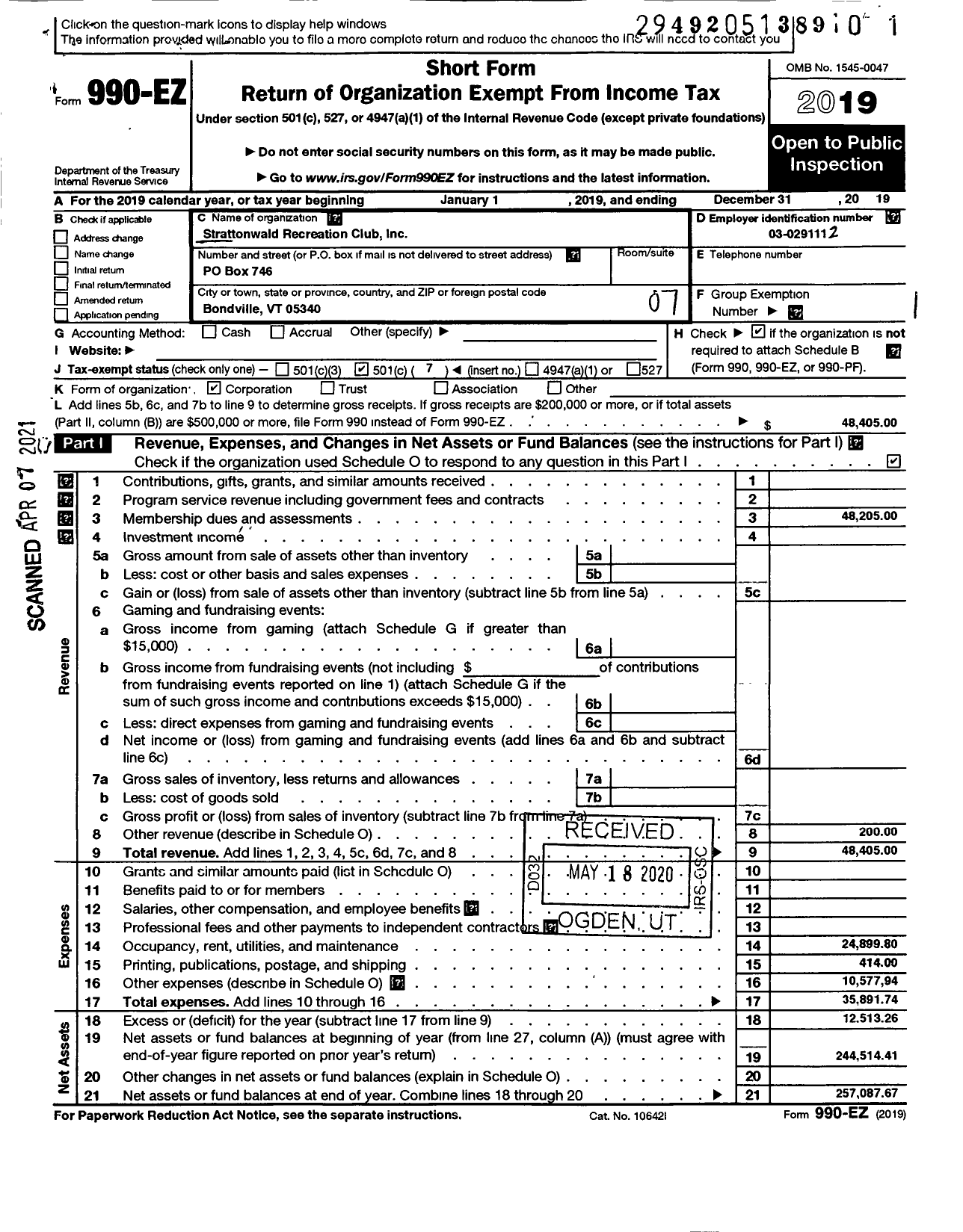 Image of first page of 2019 Form 990EO for Strattonwald Recreation Club