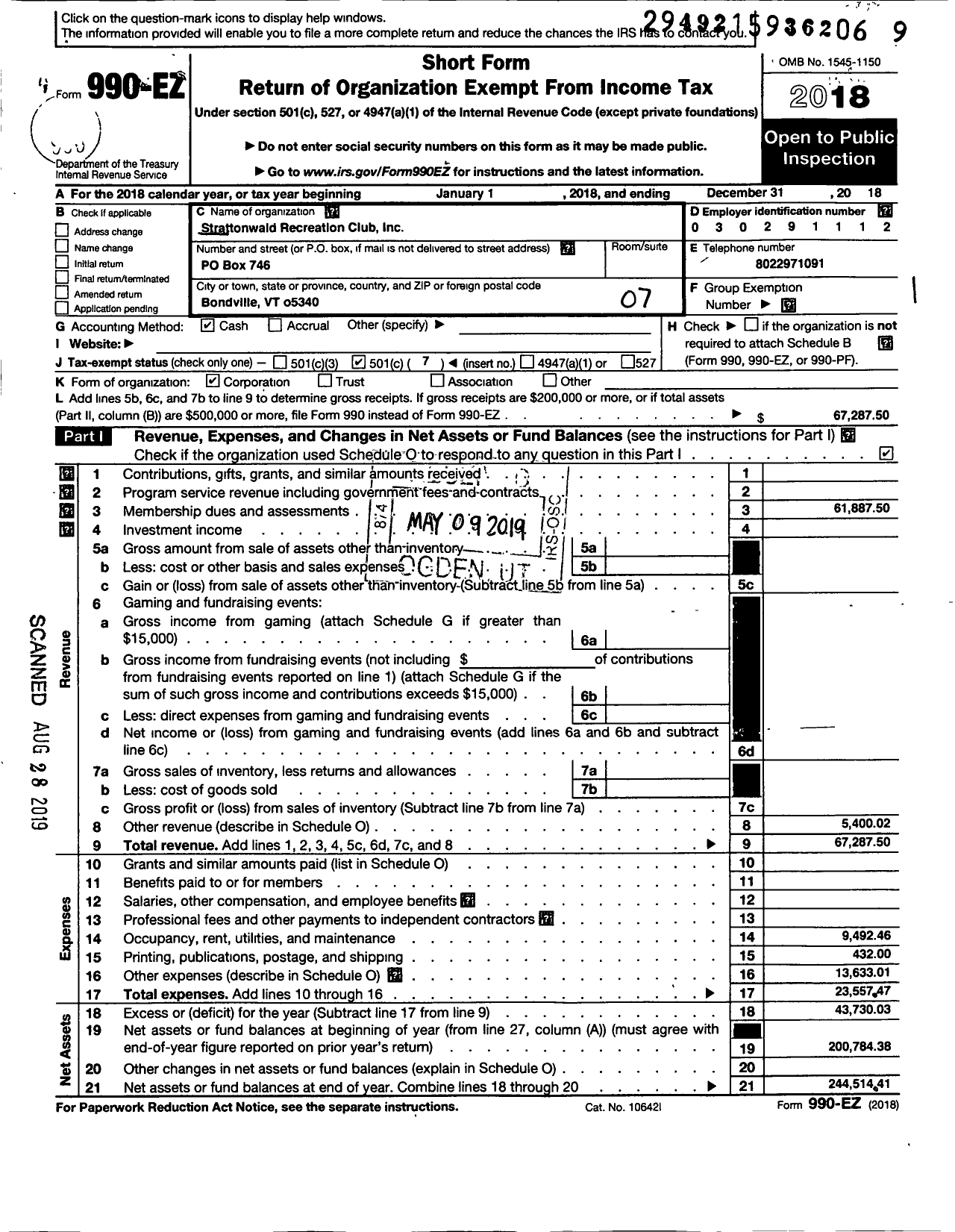 Image of first page of 2018 Form 990EO for Strattonwald Recreation Club