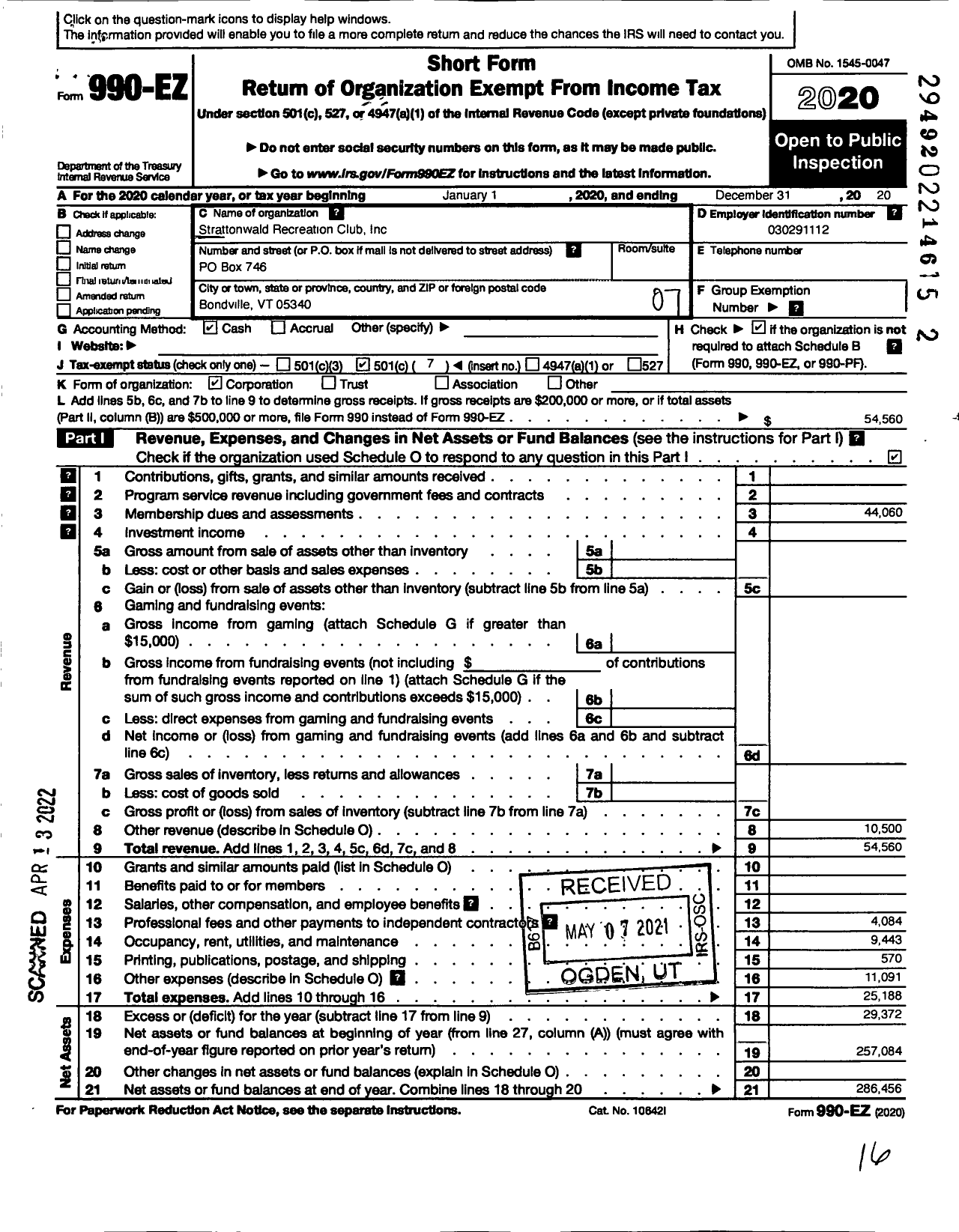 Image of first page of 2020 Form 990EO for Strattonwald Recreation Club