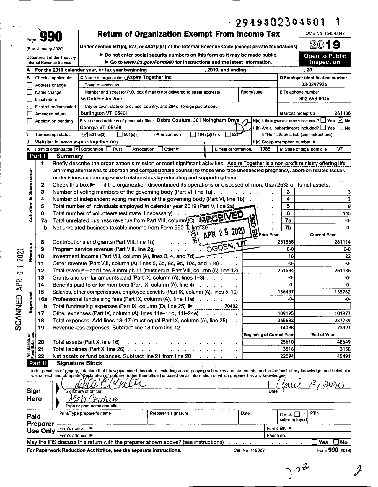 Image of first page of 2019 Form 990 for Aspire Together / Carenet Pregnancy Center