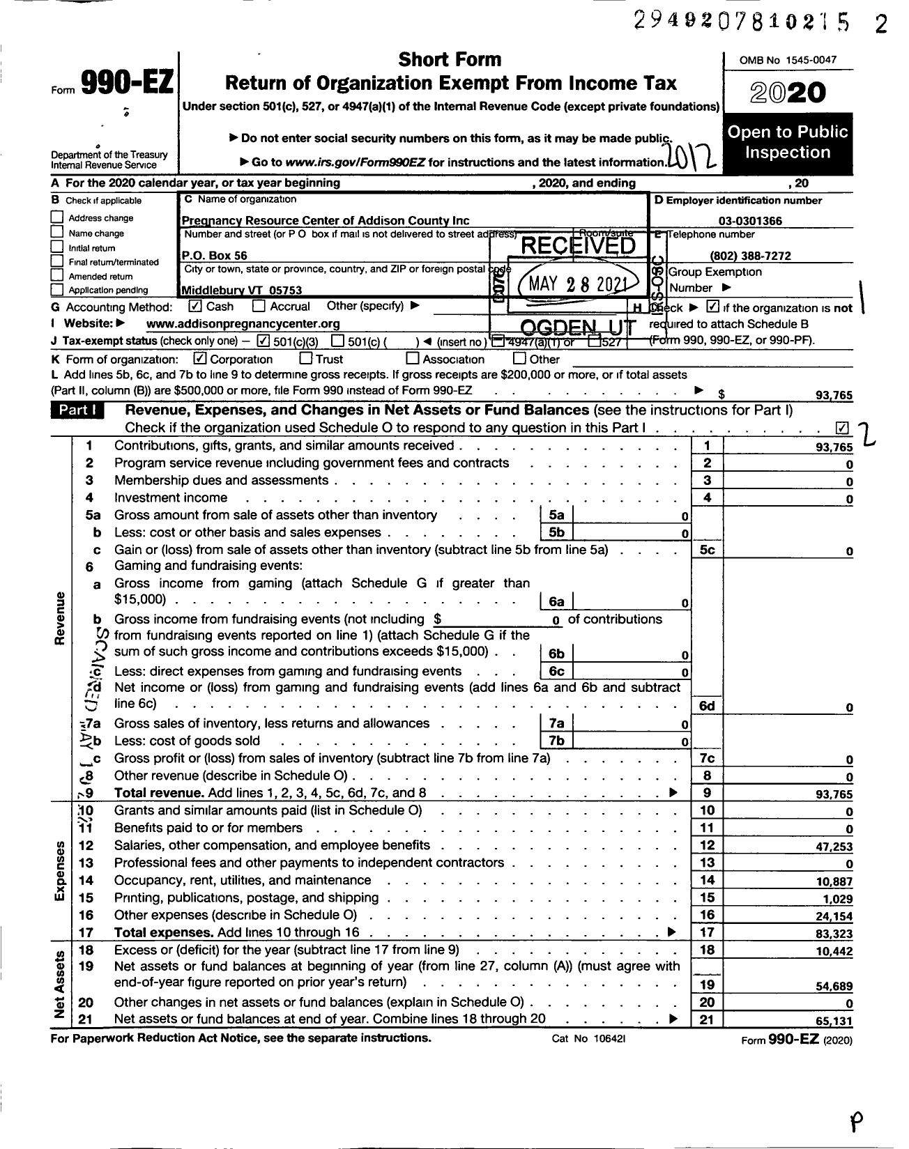 Image of first page of 2020 Form 990EZ for The Womens Center