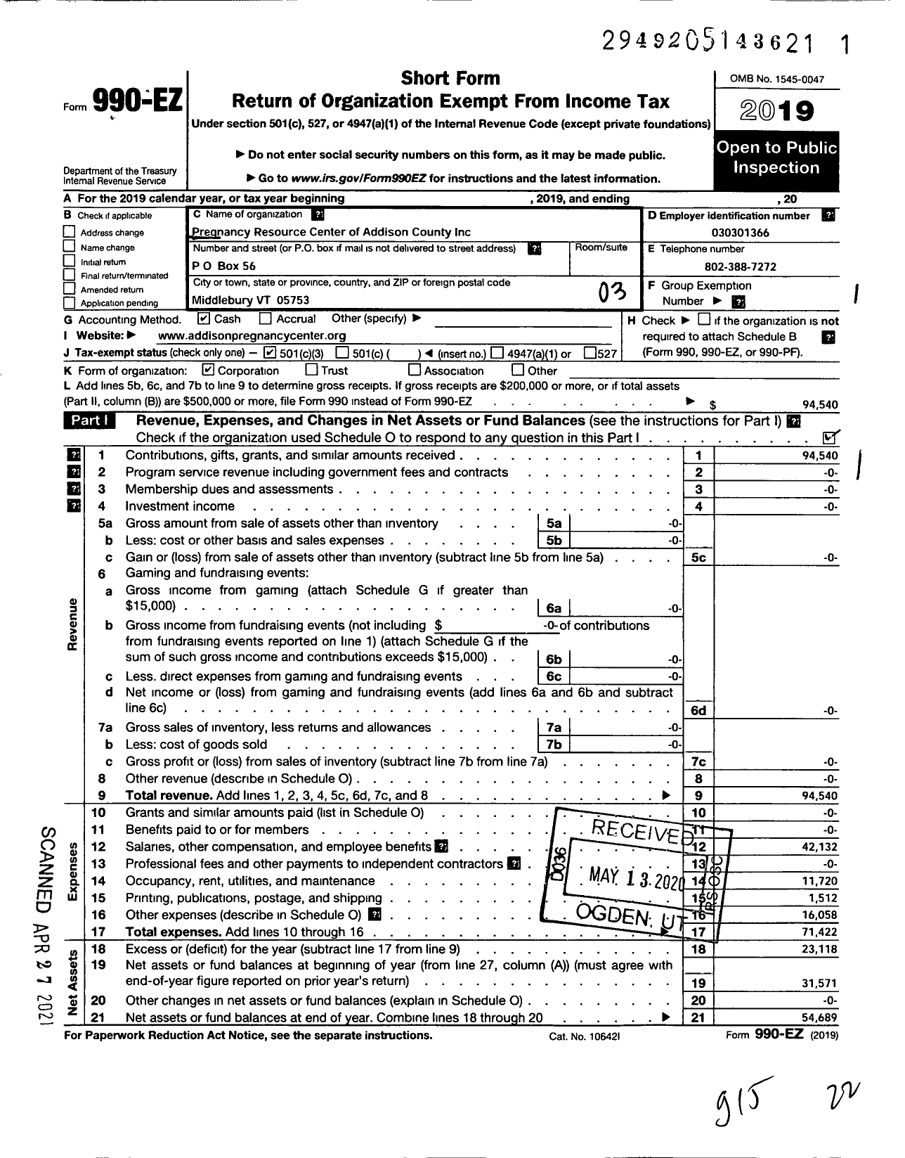 Image of first page of 2019 Form 990EZ for The Womens Center