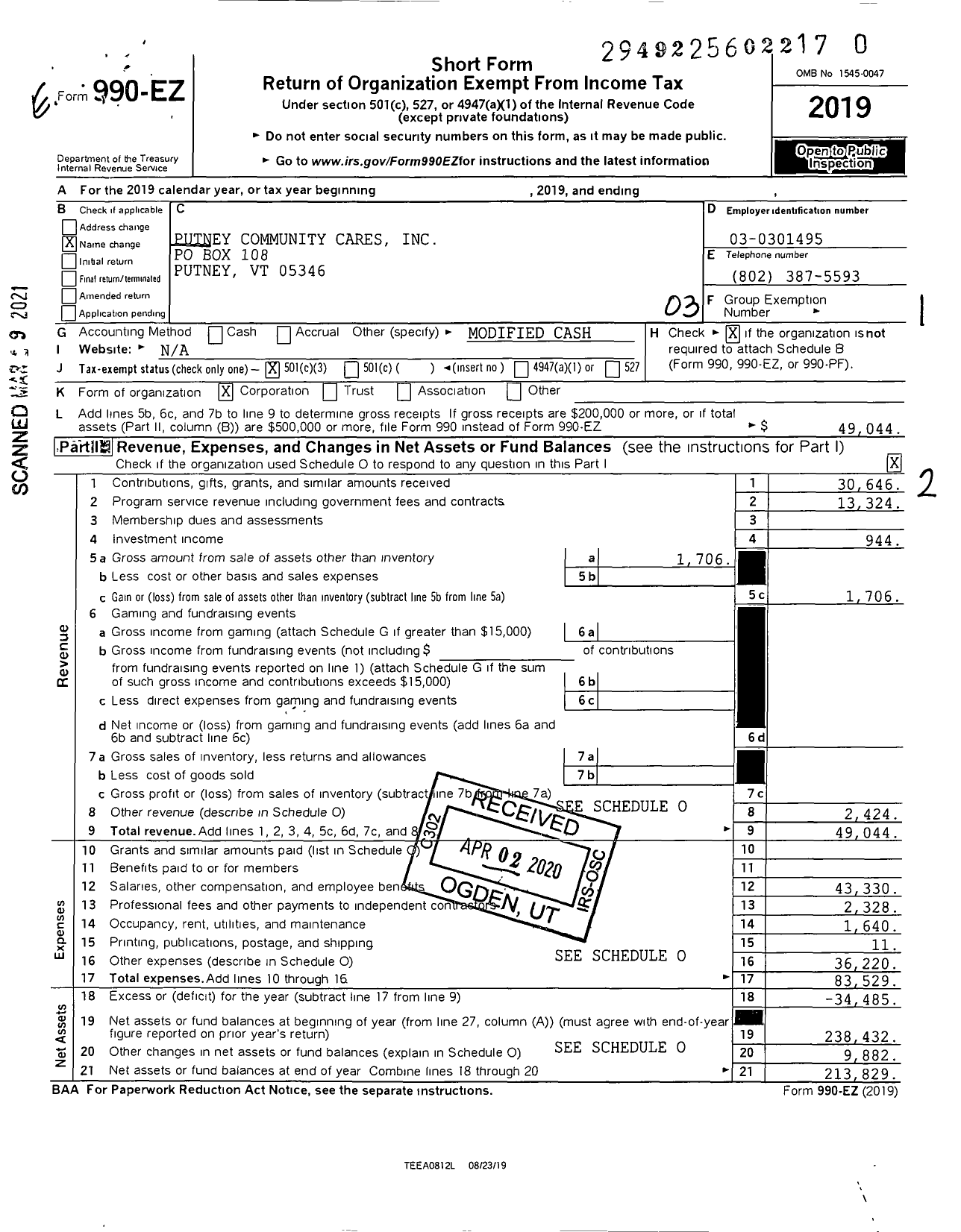 Image of first page of 2019 Form 990EZ for Putney Community Cares