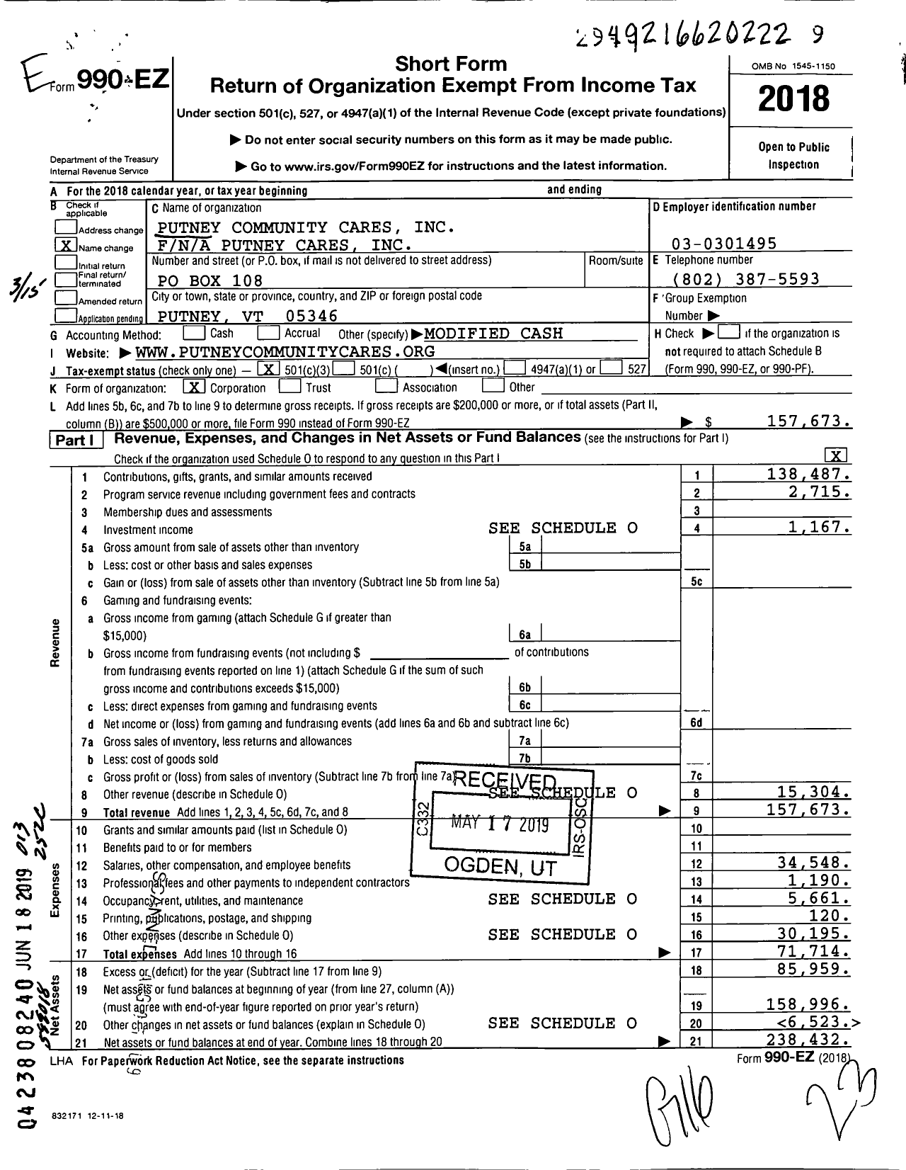 Image of first page of 2018 Form 990EZ for Putney Community Cares