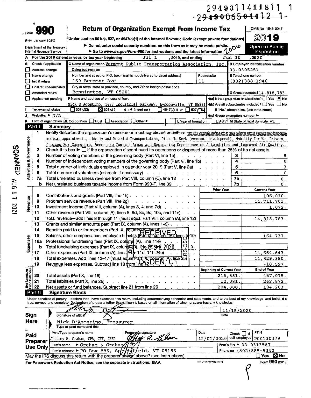 Image of first page of 2019 Form 990O for Vermont Public Transportation Association