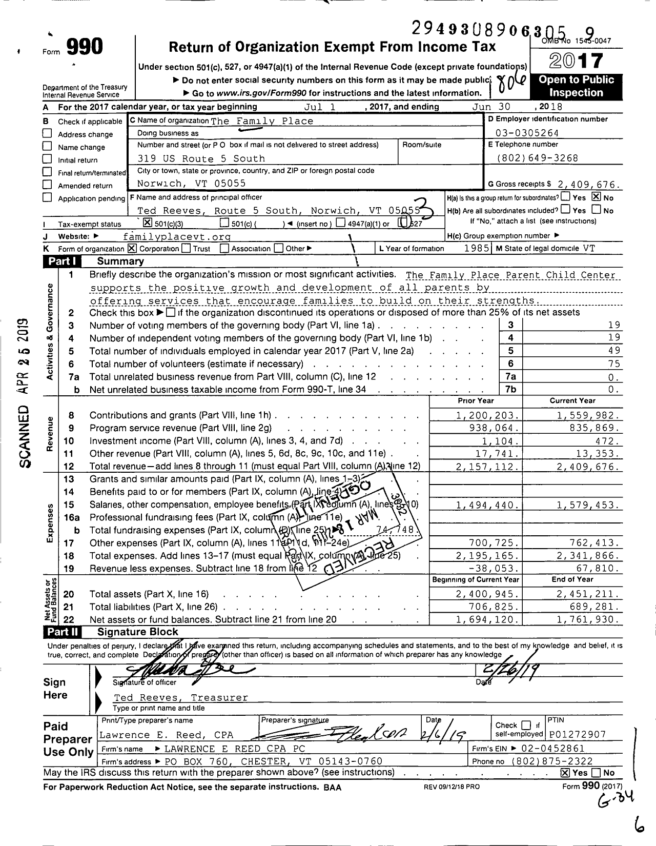 Image of first page of 2017 Form 990 for The Family Place