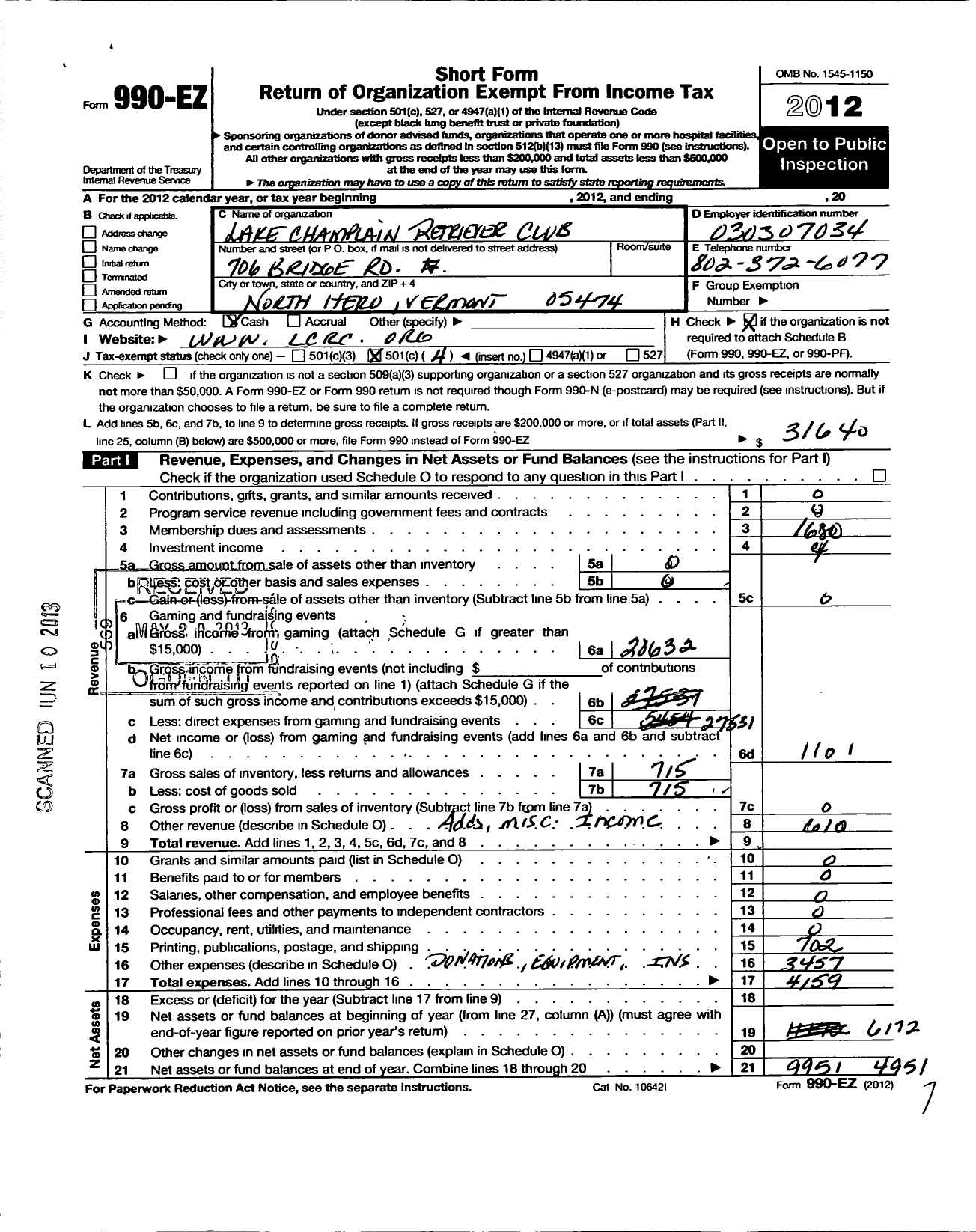 Image of first page of 2012 Form 990EO for Lake Champlain Retriever Club