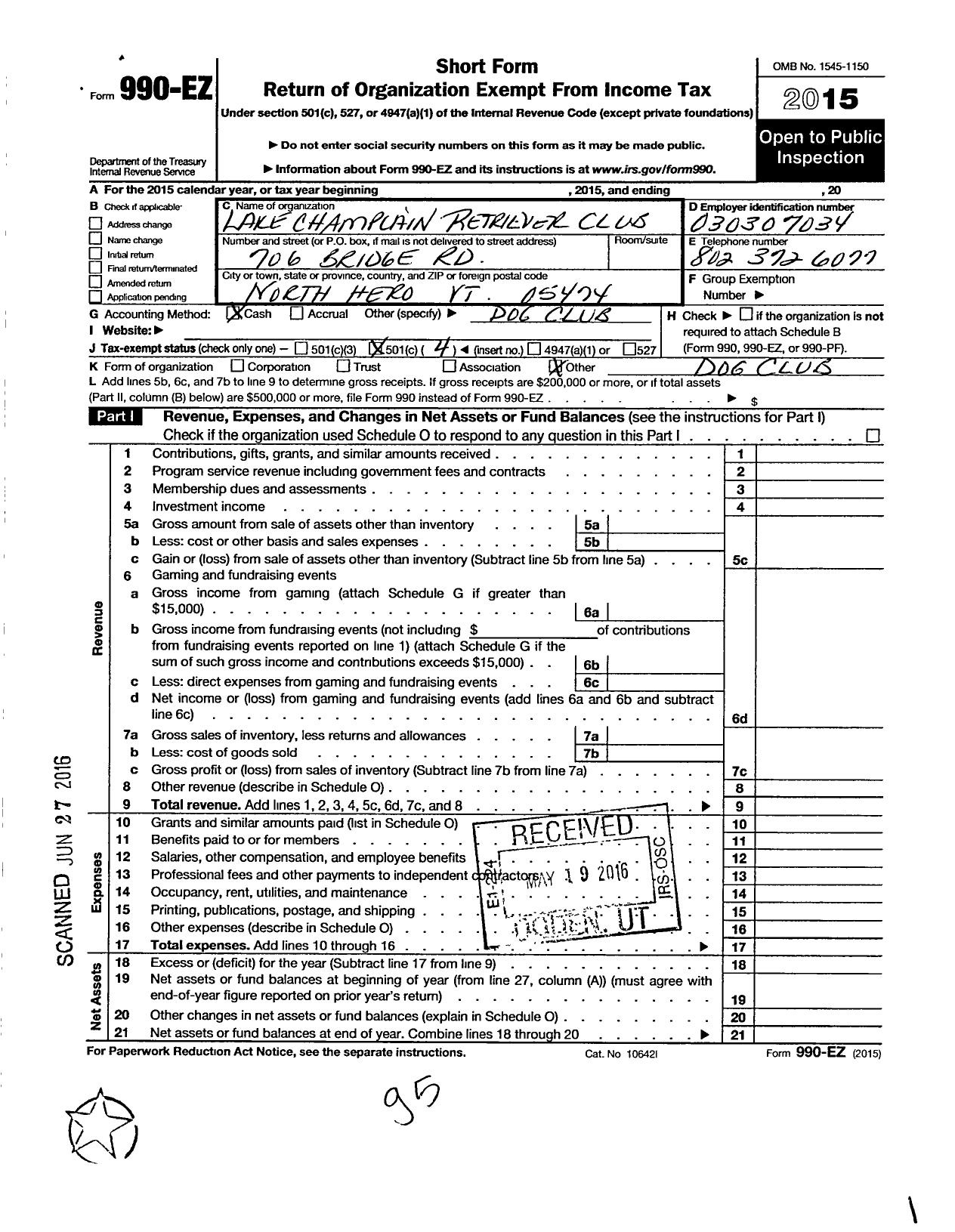 Image of first page of 2015 Form 990EO for Lake Champlain Retriever Club