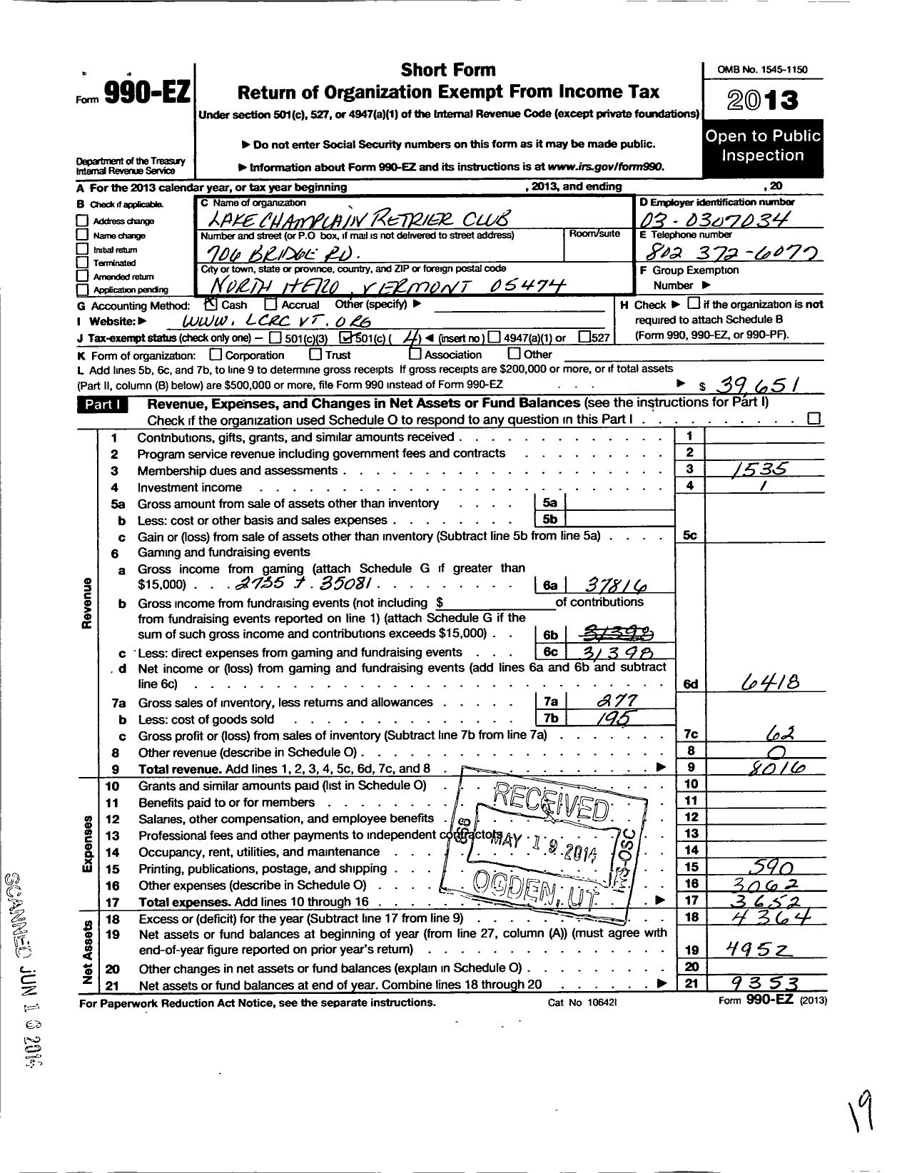 Image of first page of 2013 Form 990EO for Lake Champlain Retriever Club