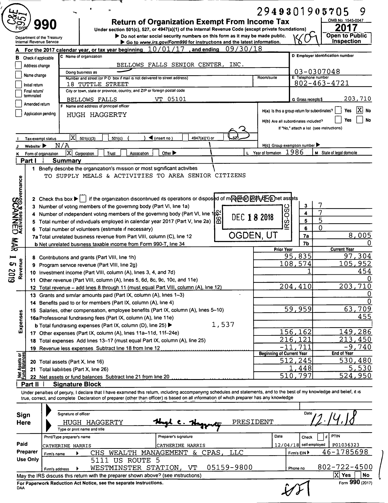 Image of first page of 2017 Form 990 for Bellows Falls Senior Center