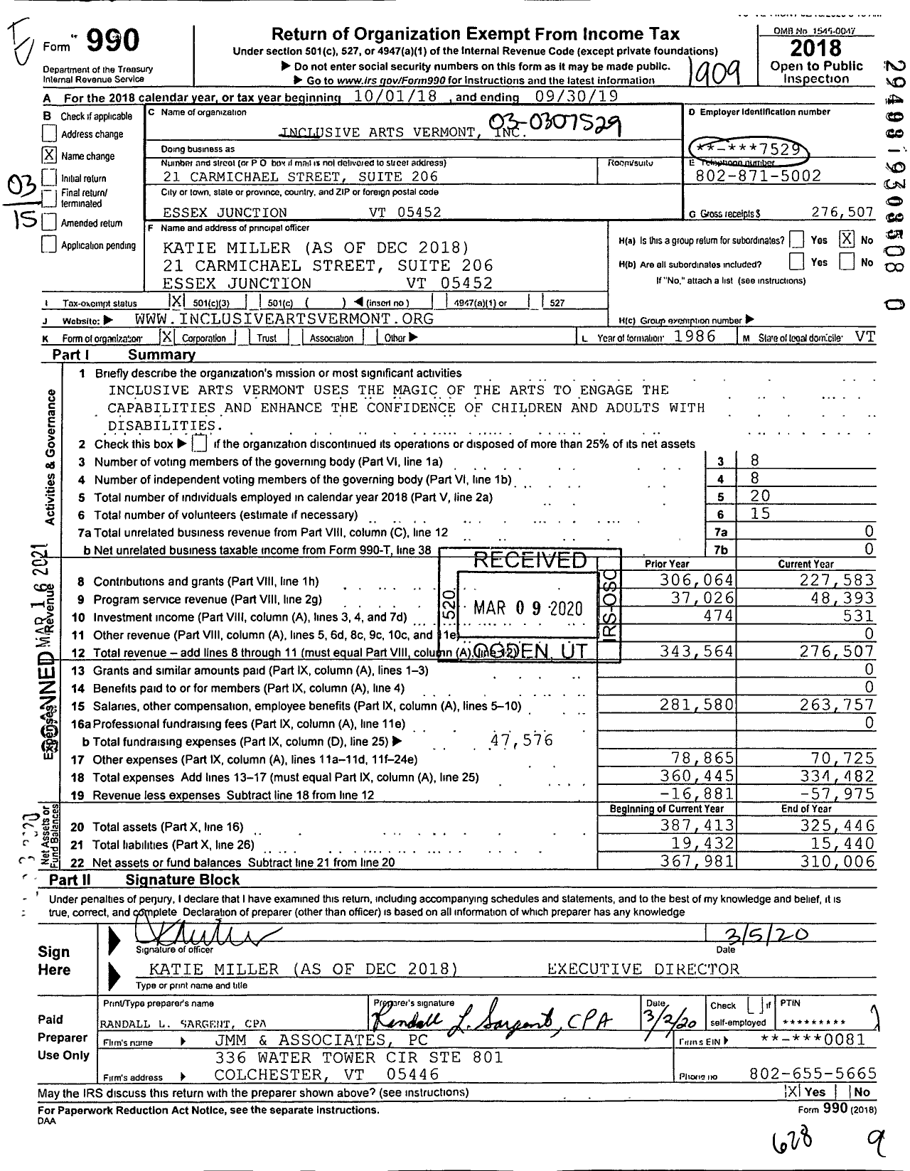 Image of first page of 2018 Form 990 for Inclusive Arts Vermont