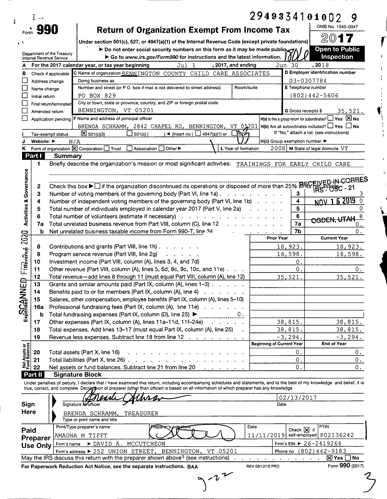 Image of first page of 2017 Form 990 for Bennington County Child Care Associates