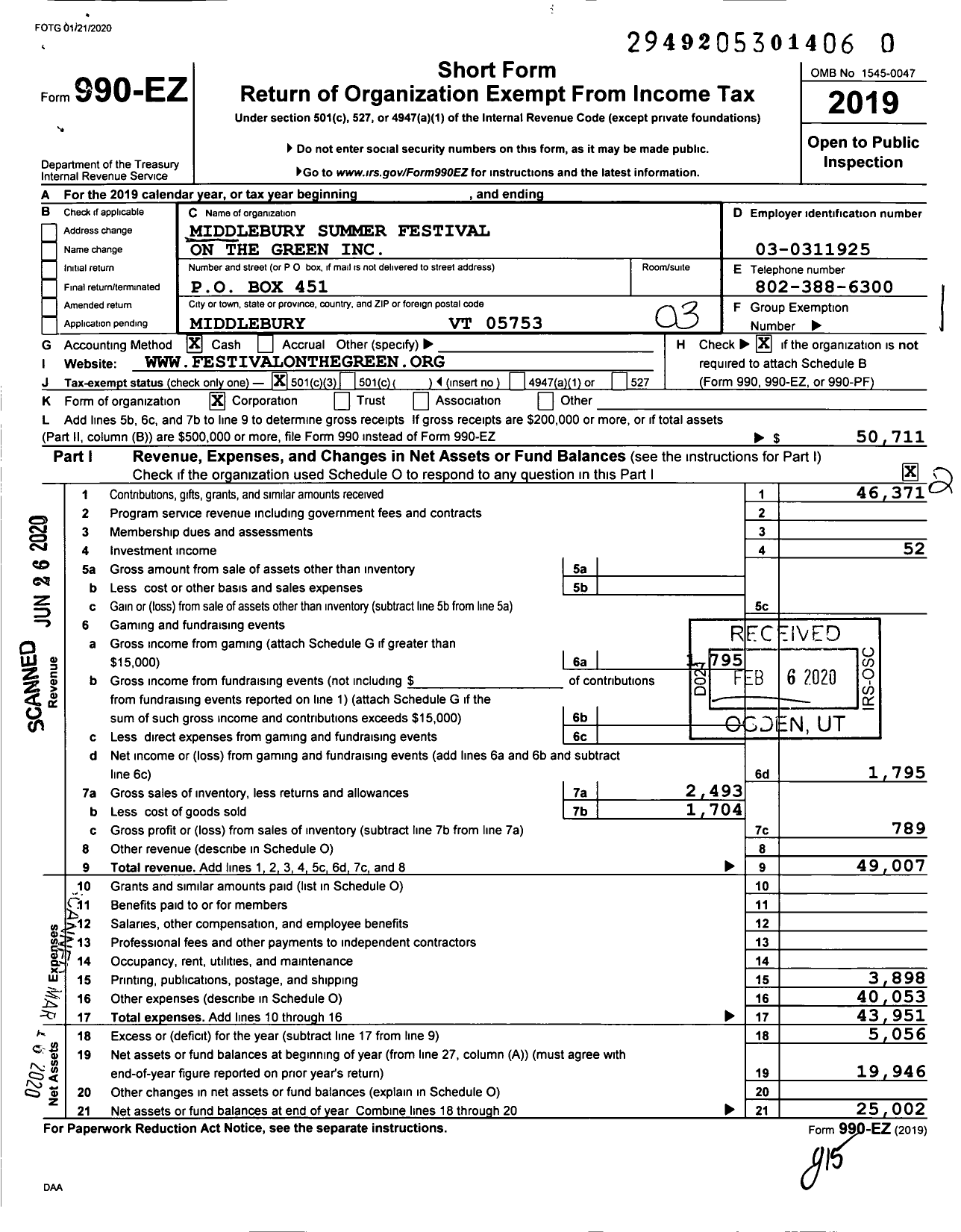 Image of first page of 2019 Form 990EZ for Middlebury Summer Festival on the Green Incorporated