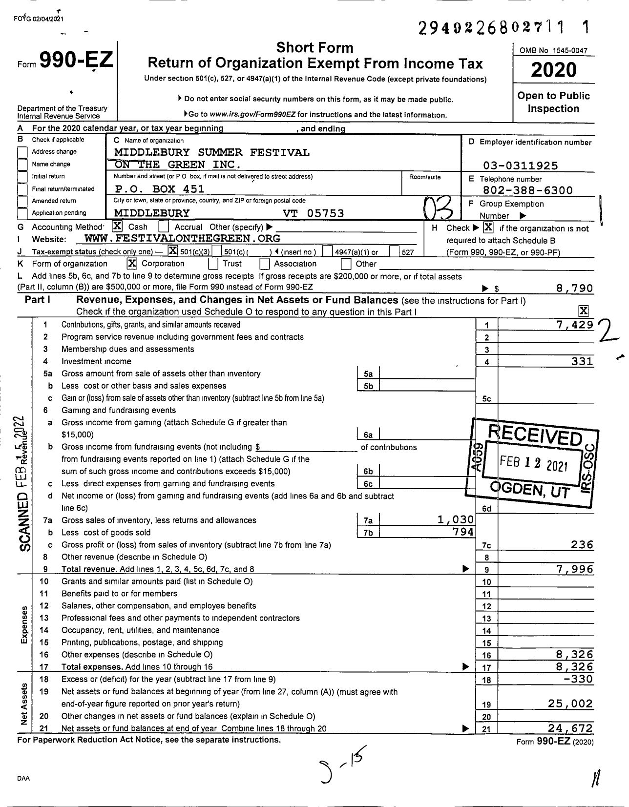 Image of first page of 2020 Form 990EZ for Middlebury Summer Festival on the Green Incorporated