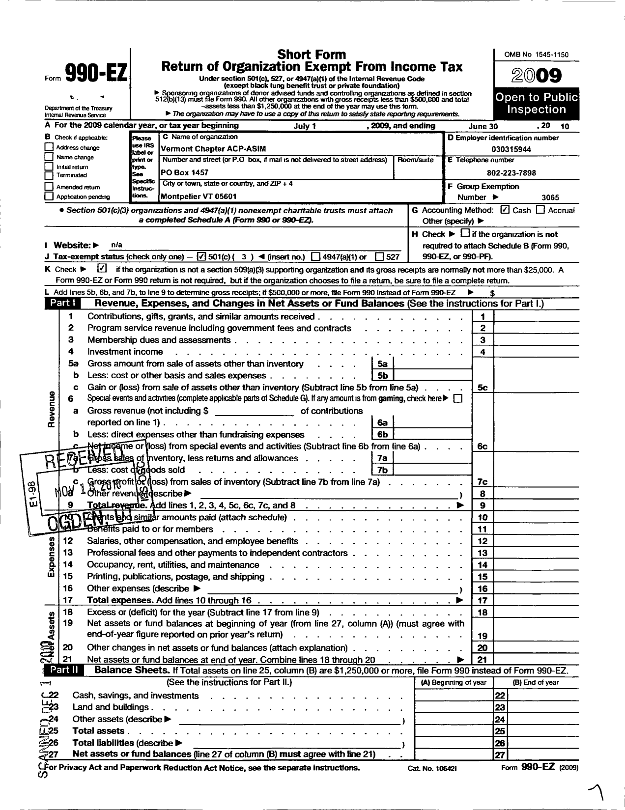 Image of first page of 2009 Form 990EZ for American College of Physicians / Vermont Chapter