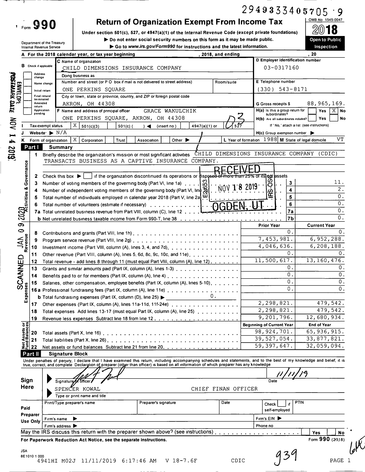 Image of first page of 2018 Form 990 for Child Dimensions Insurance Company