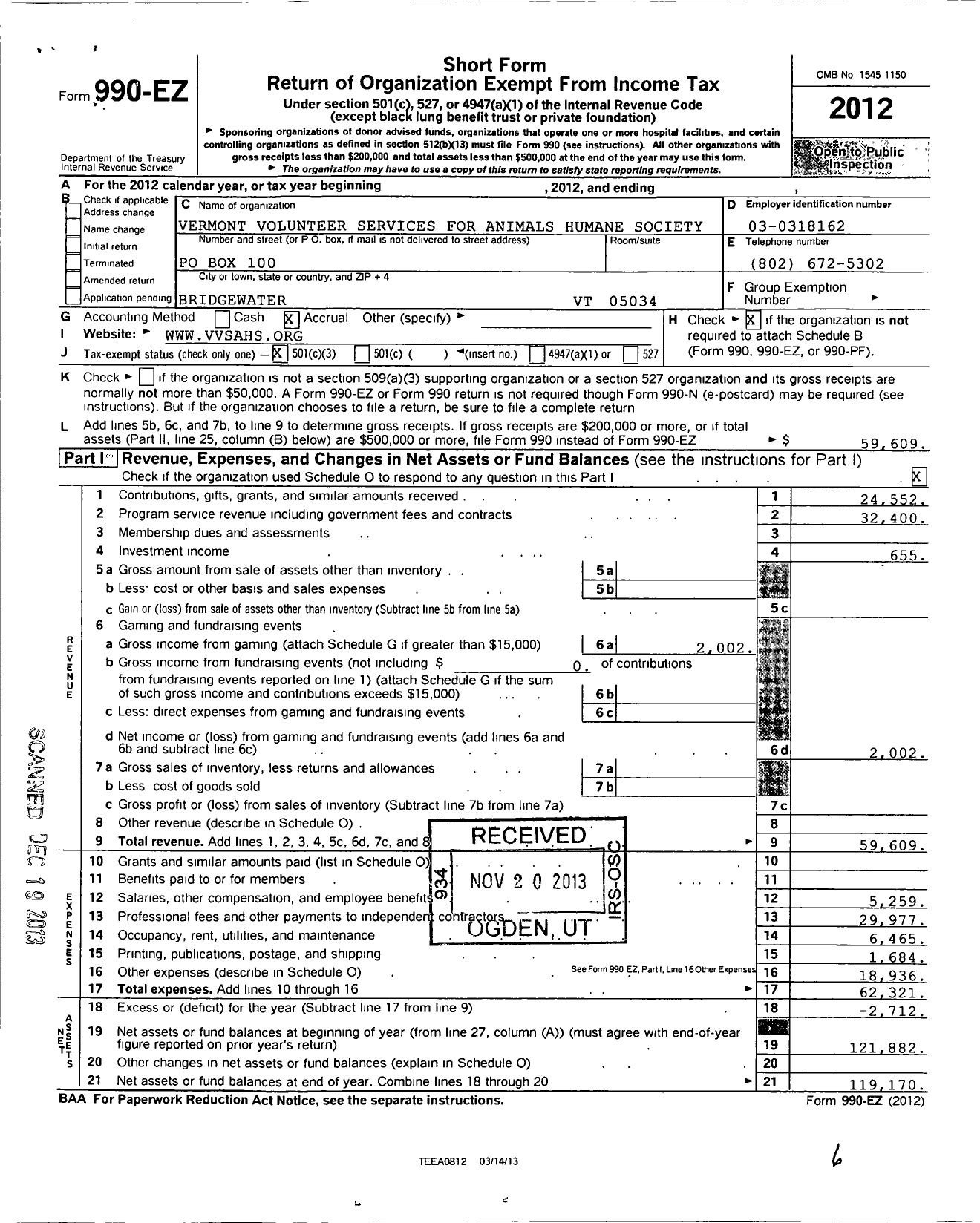 Image of first page of 2012 Form 990EZ for Vermont Volunteer Services for Animals