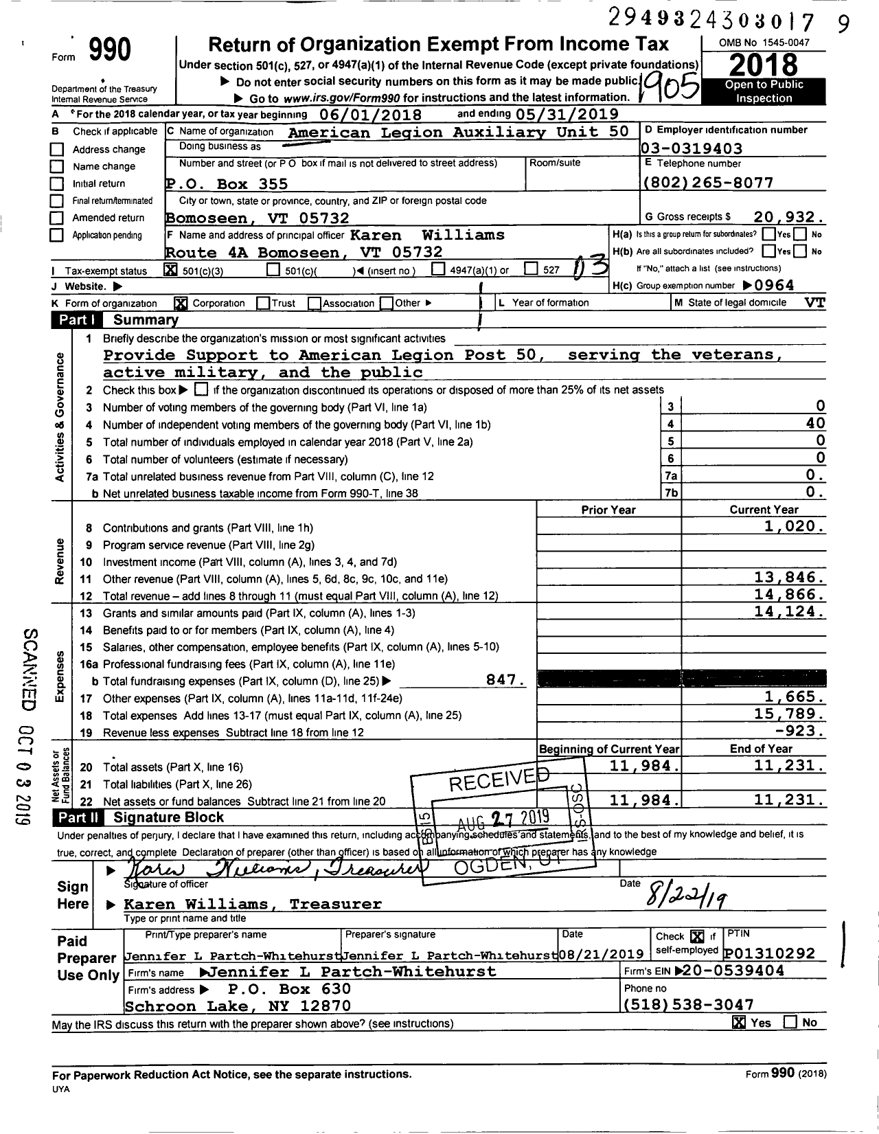 Image of first page of 2018 Form 990 for American Legion Auxiliary Unit 50