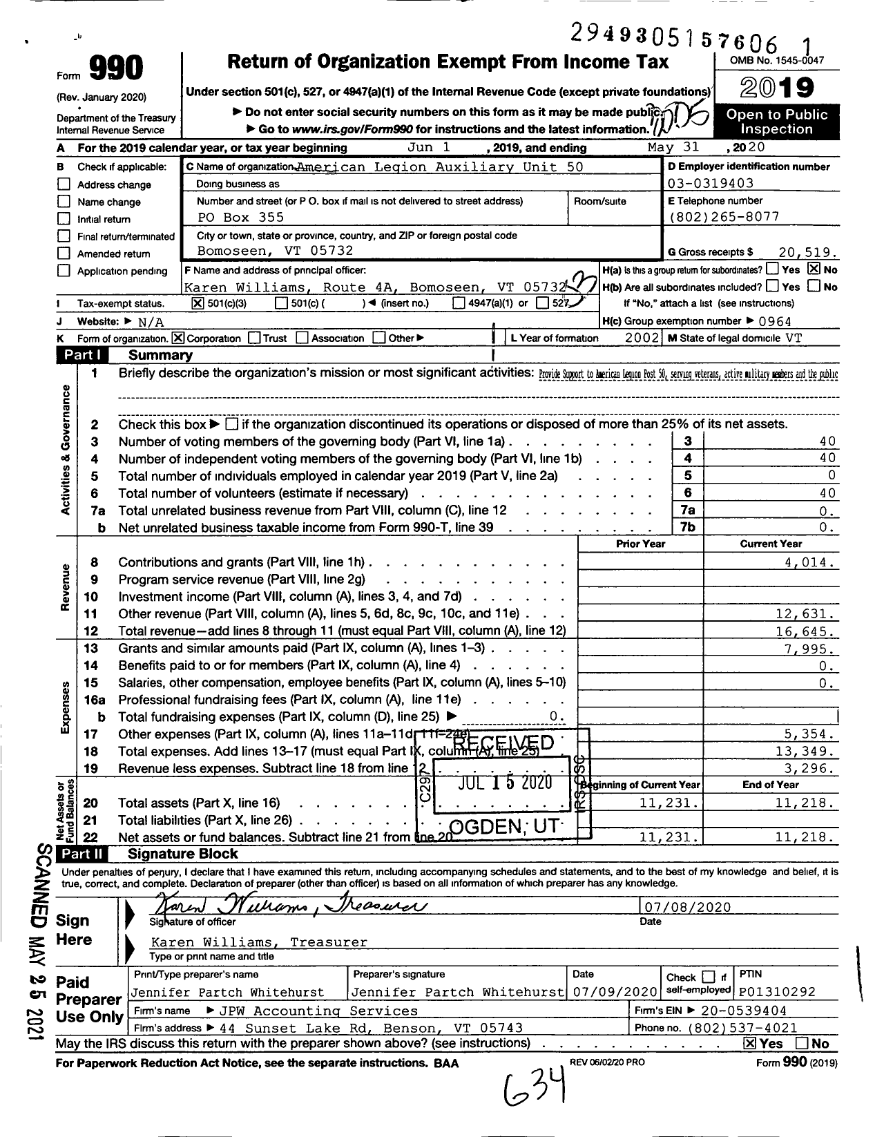 Image of first page of 2019 Form 990 for American Legion Auxiliary Unit 50