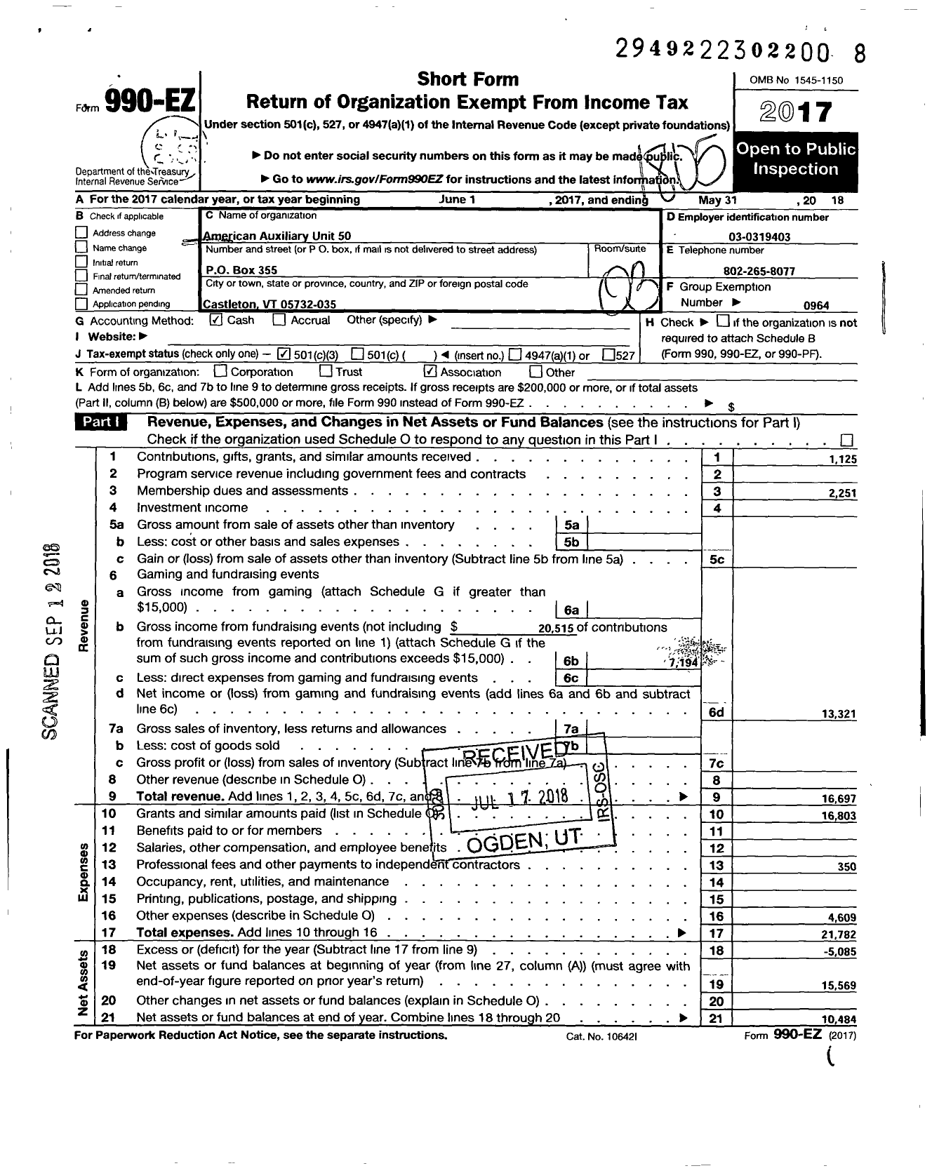 Image of first page of 2017 Form 990EZ for American Legion Auxiliary Unit 50