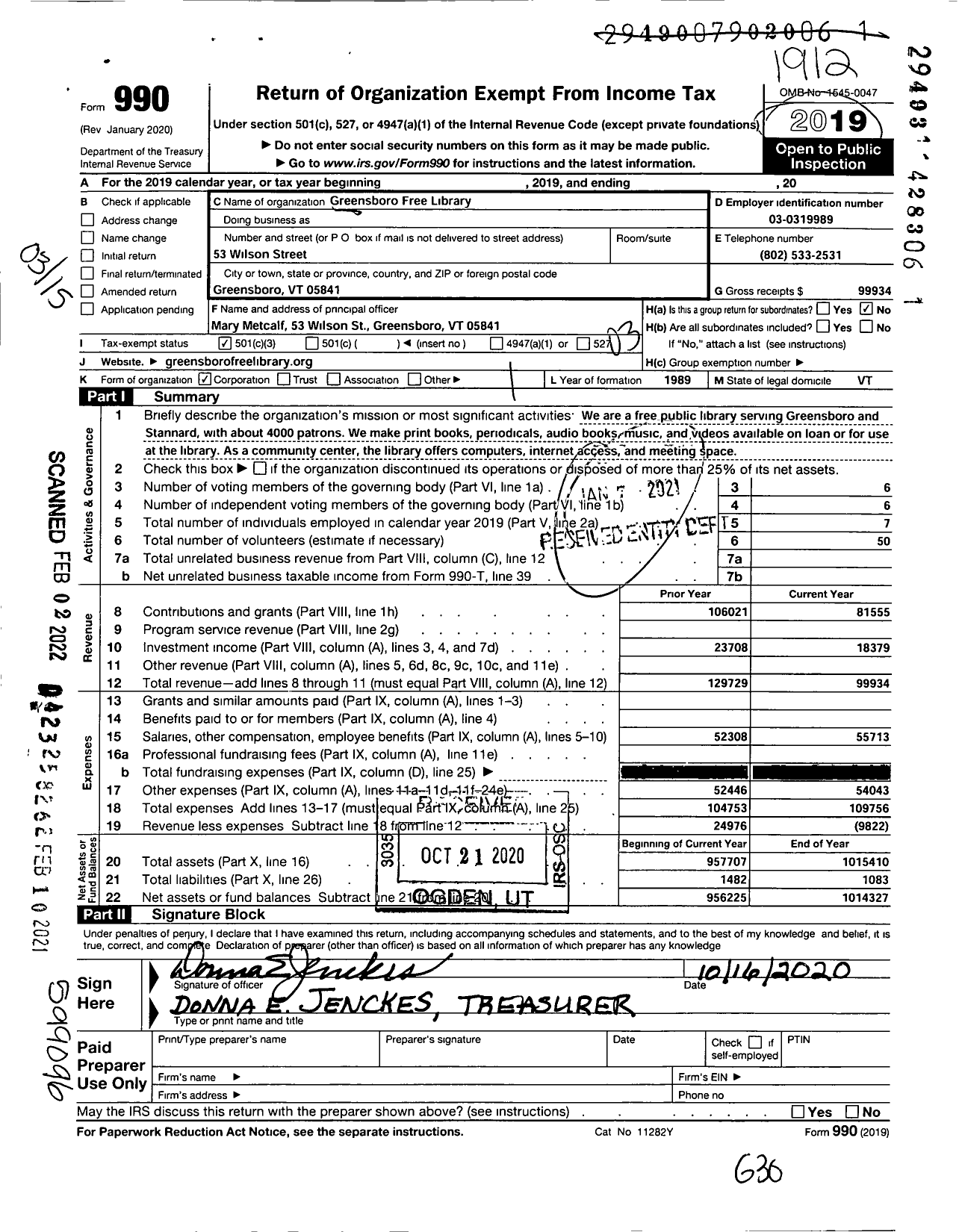 Image of first page of 2019 Form 990 for Greensboro Free Library