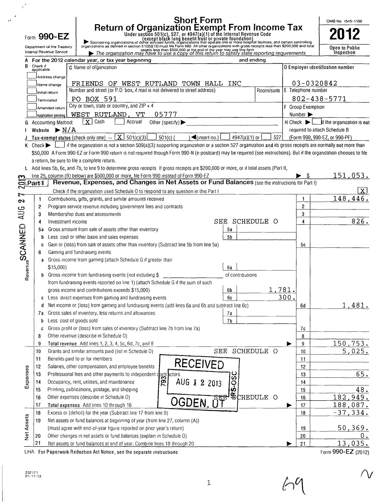 Image of first page of 2012 Form 990EZ for Friends of the West Rutland Town Hall