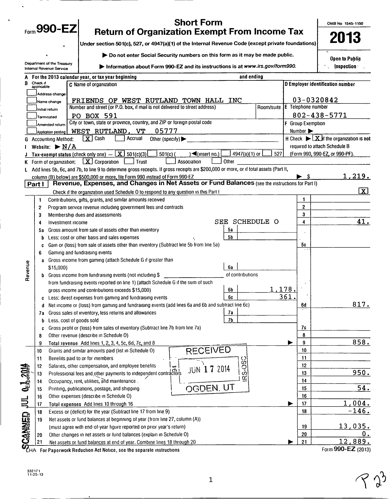 Image of first page of 2013 Form 990EZ for Friends of the West Rutland Town Hall