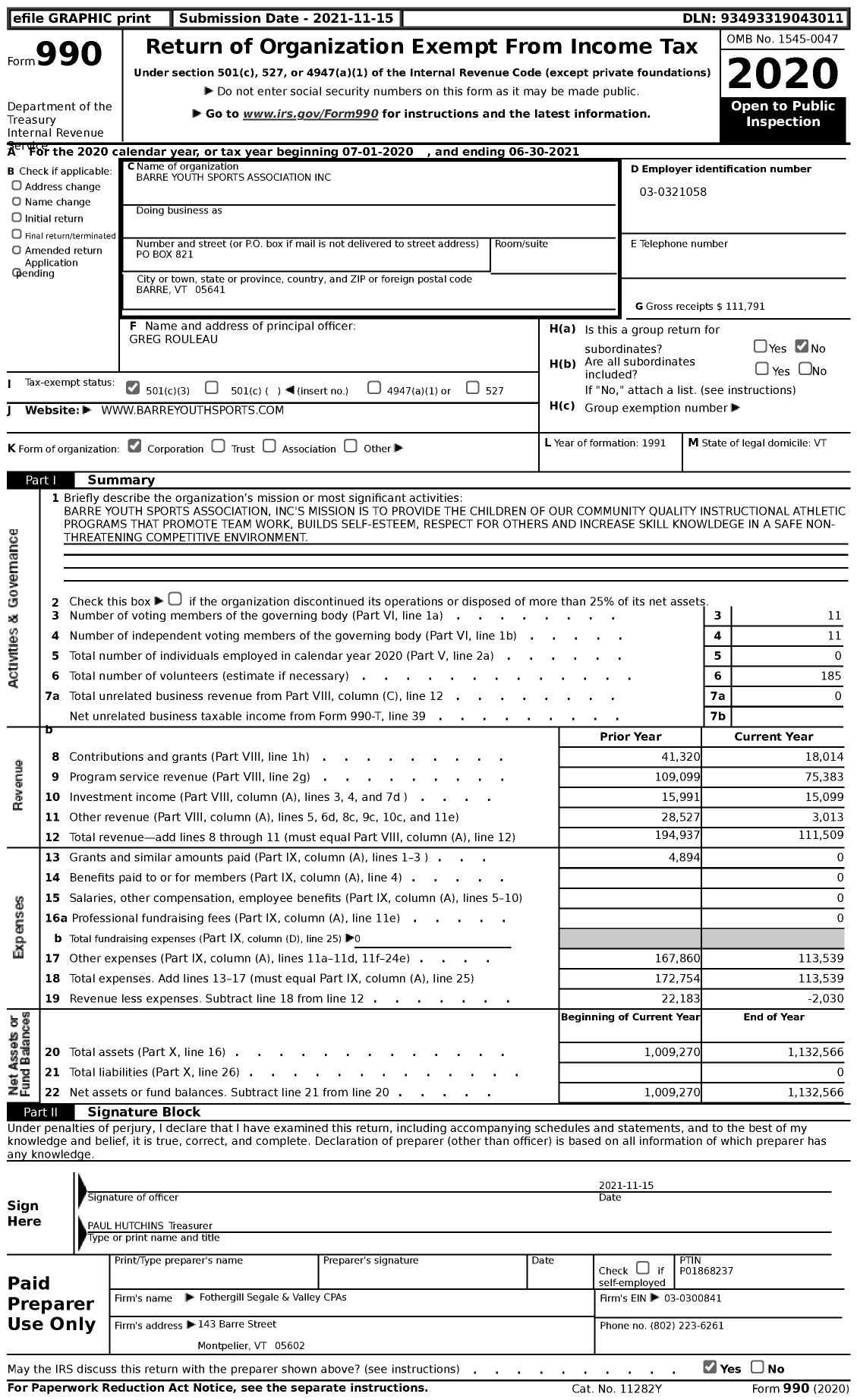 Image of first page of 2020 Form 990 for Barre Youth Sports Association