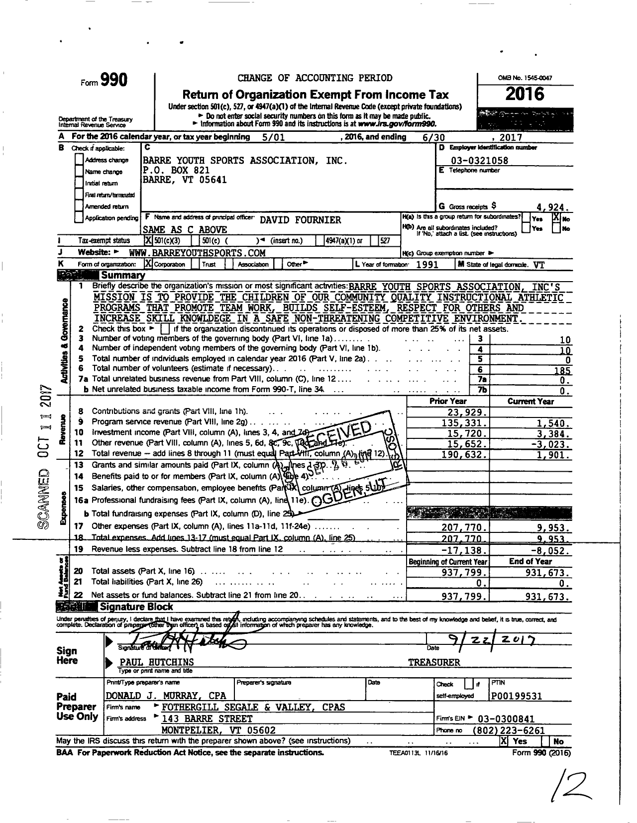 Image of first page of 2016 Form 990 for Barre Youth Sports Association