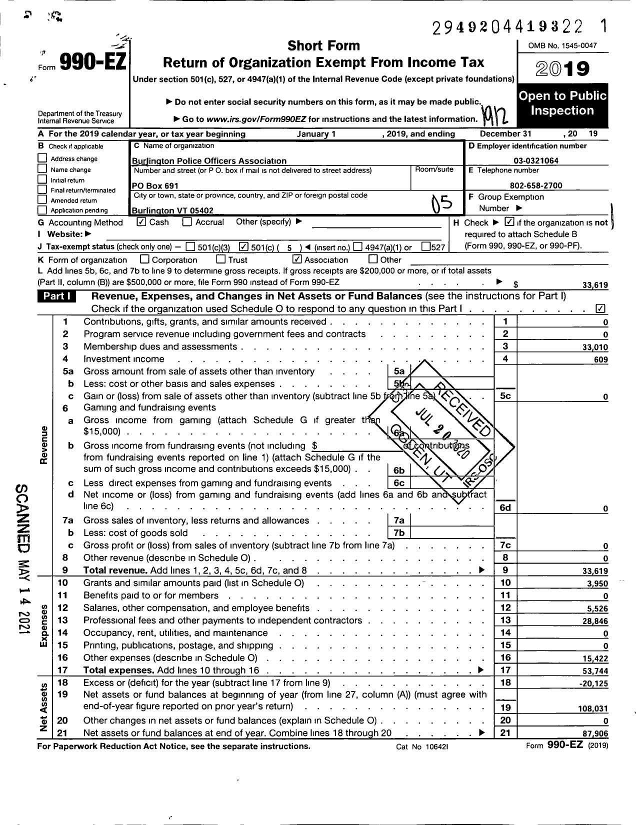 Image of first page of 2019 Form 990EO for Fraternal Order Officers Police