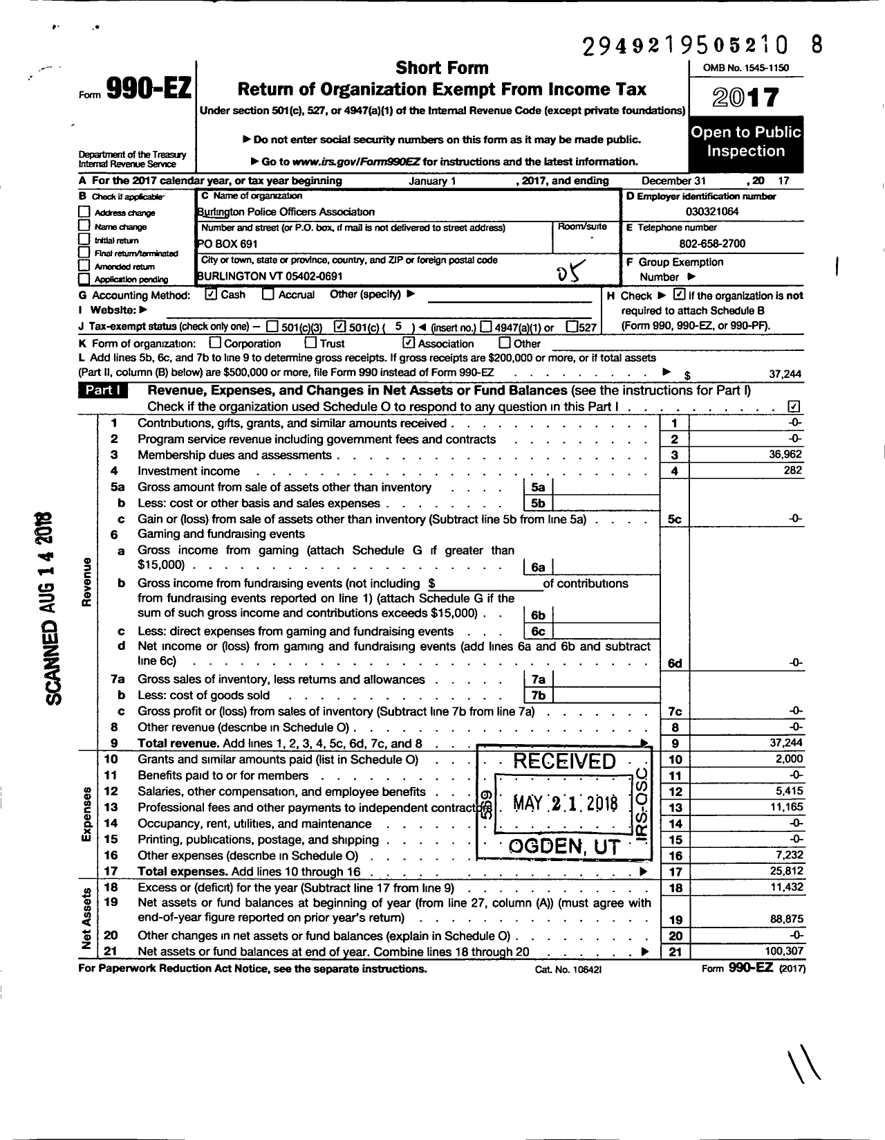 Image of first page of 2017 Form 990EO for Fraternal Order Officers Police