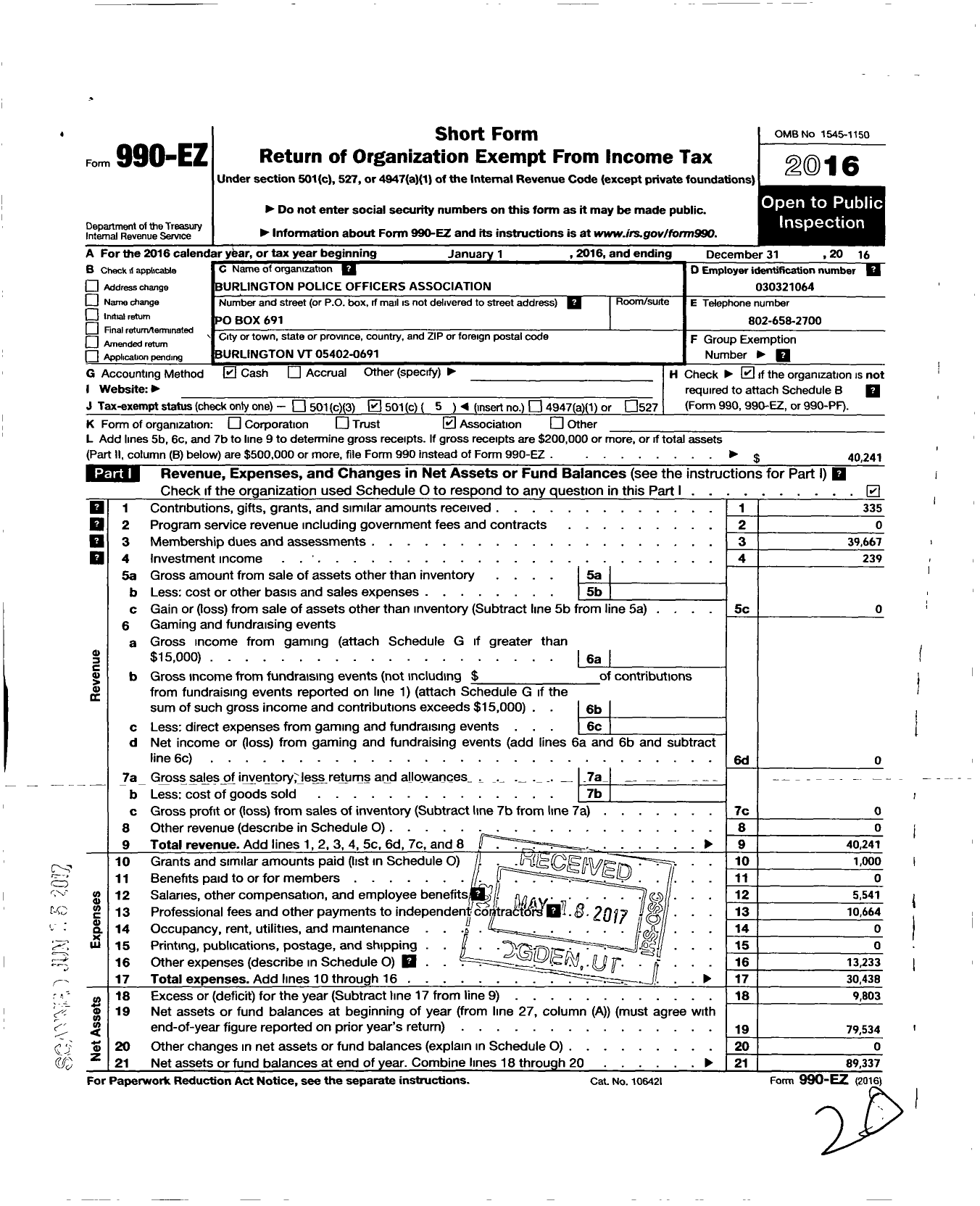 Image of first page of 2016 Form 990EO for Fraternal Order Officers Police