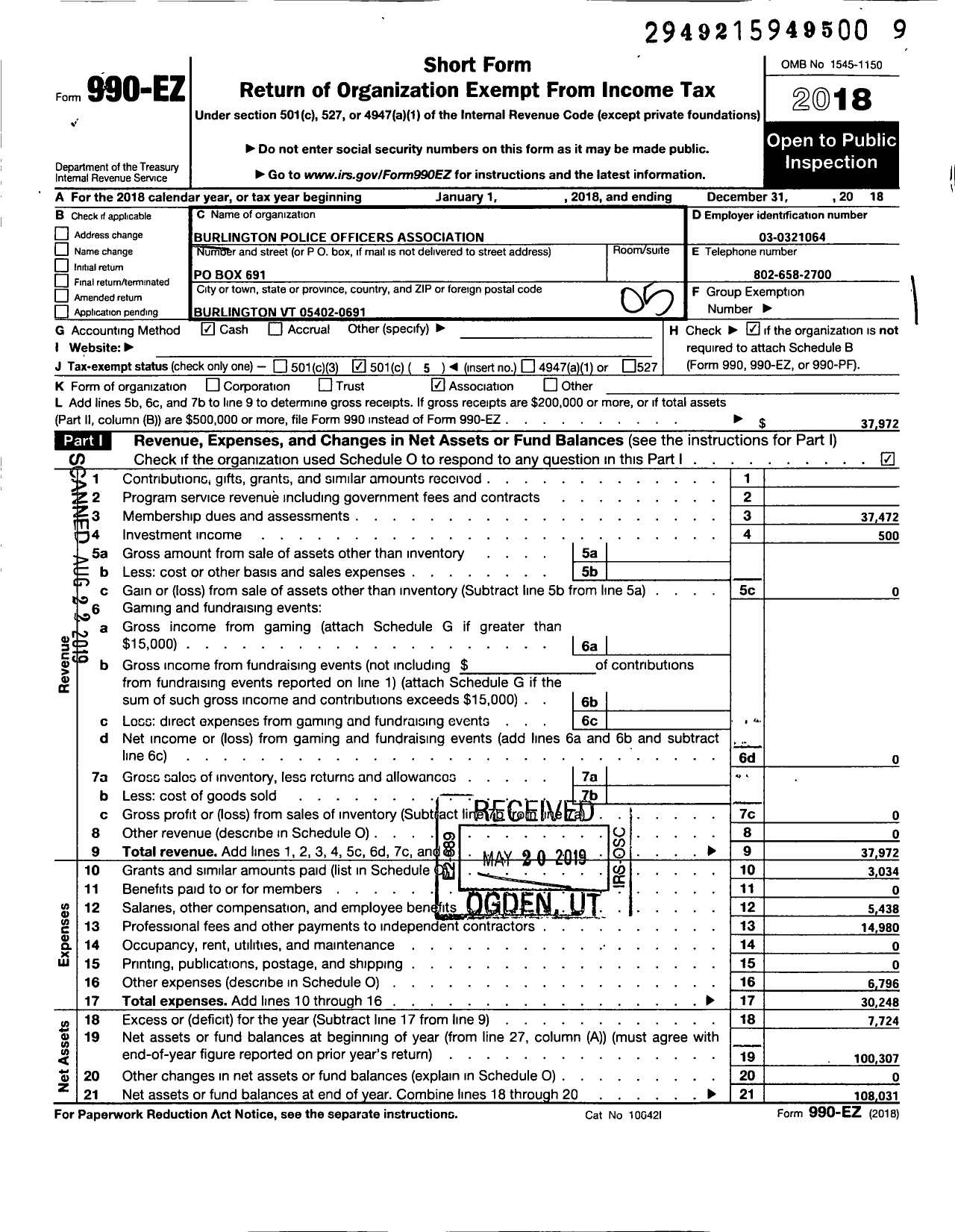 Image of first page of 2018 Form 990EO for Fraternal Order Officers Police